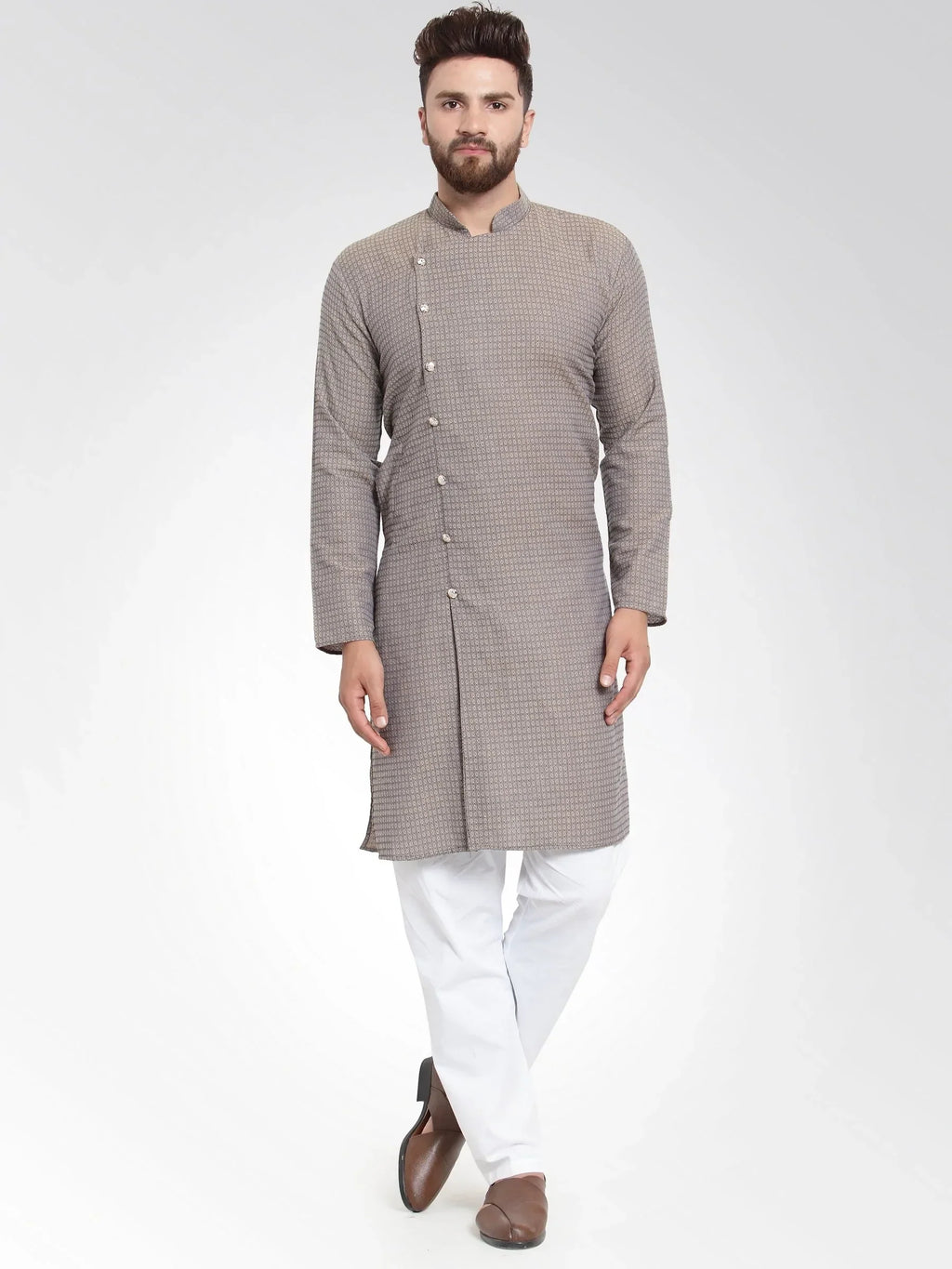 Jompers Men's Grey Self Design Kurta with Pajama