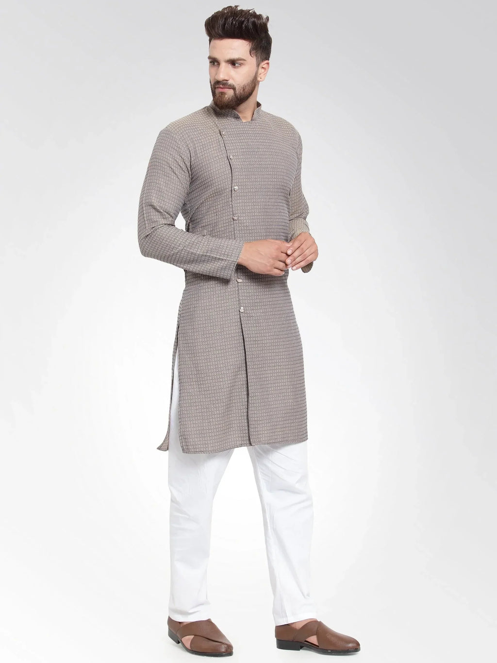 Jompers Men's Grey Self Design Kurta with Pajama