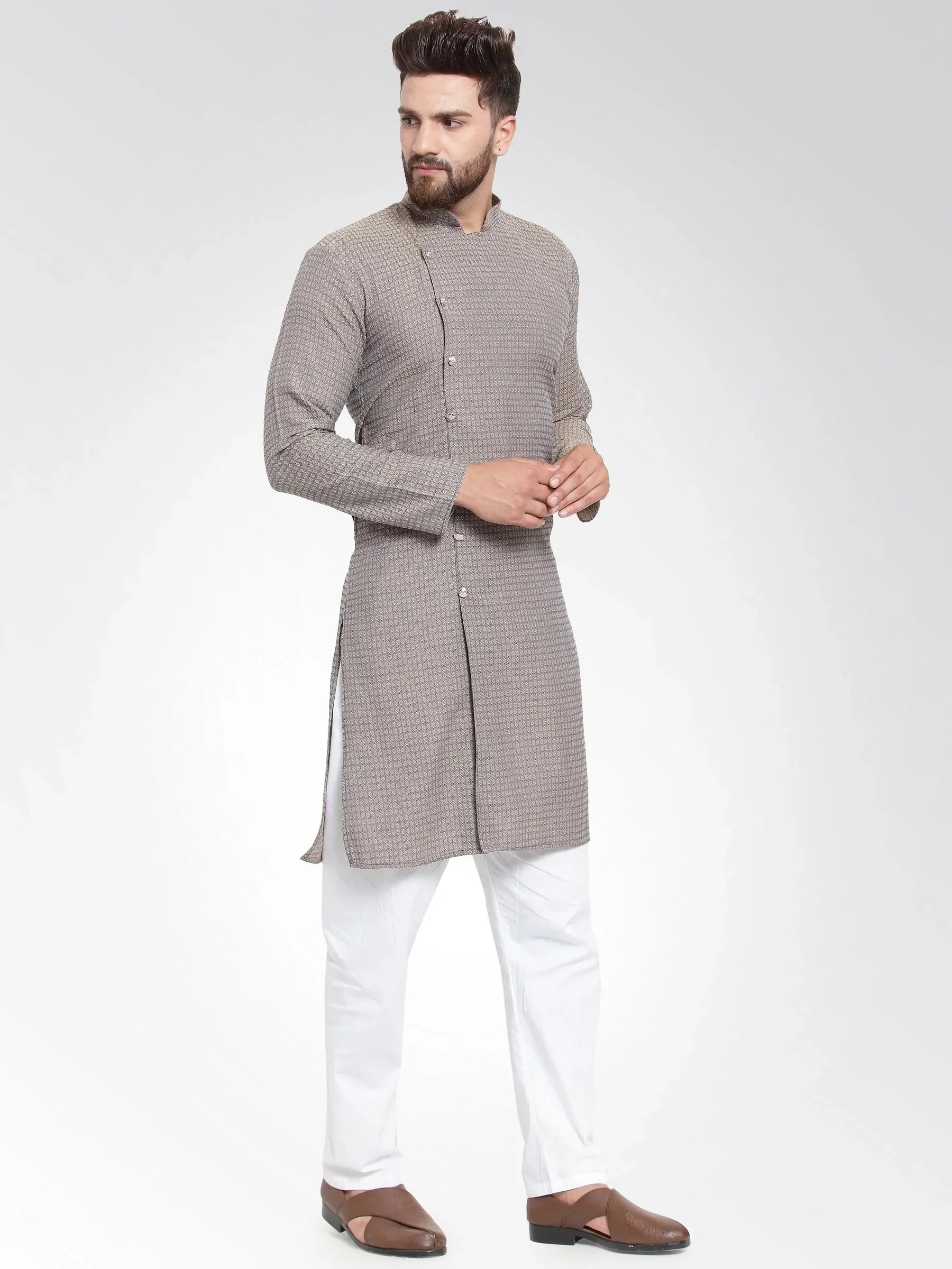 Jompers Men's Grey Self Design Kurta with Pajama