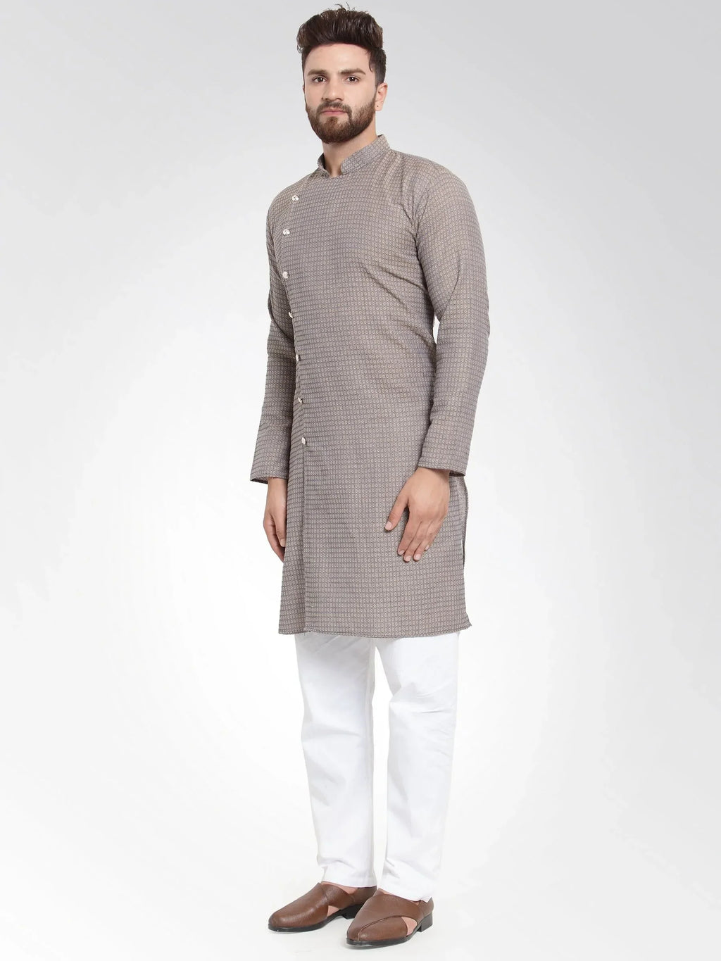 Jompers Men's Grey Self Design Kurta with Pajama