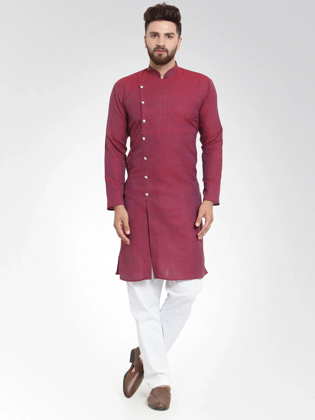 Jompers Men's Maroon Self Design Kurta with Pajama