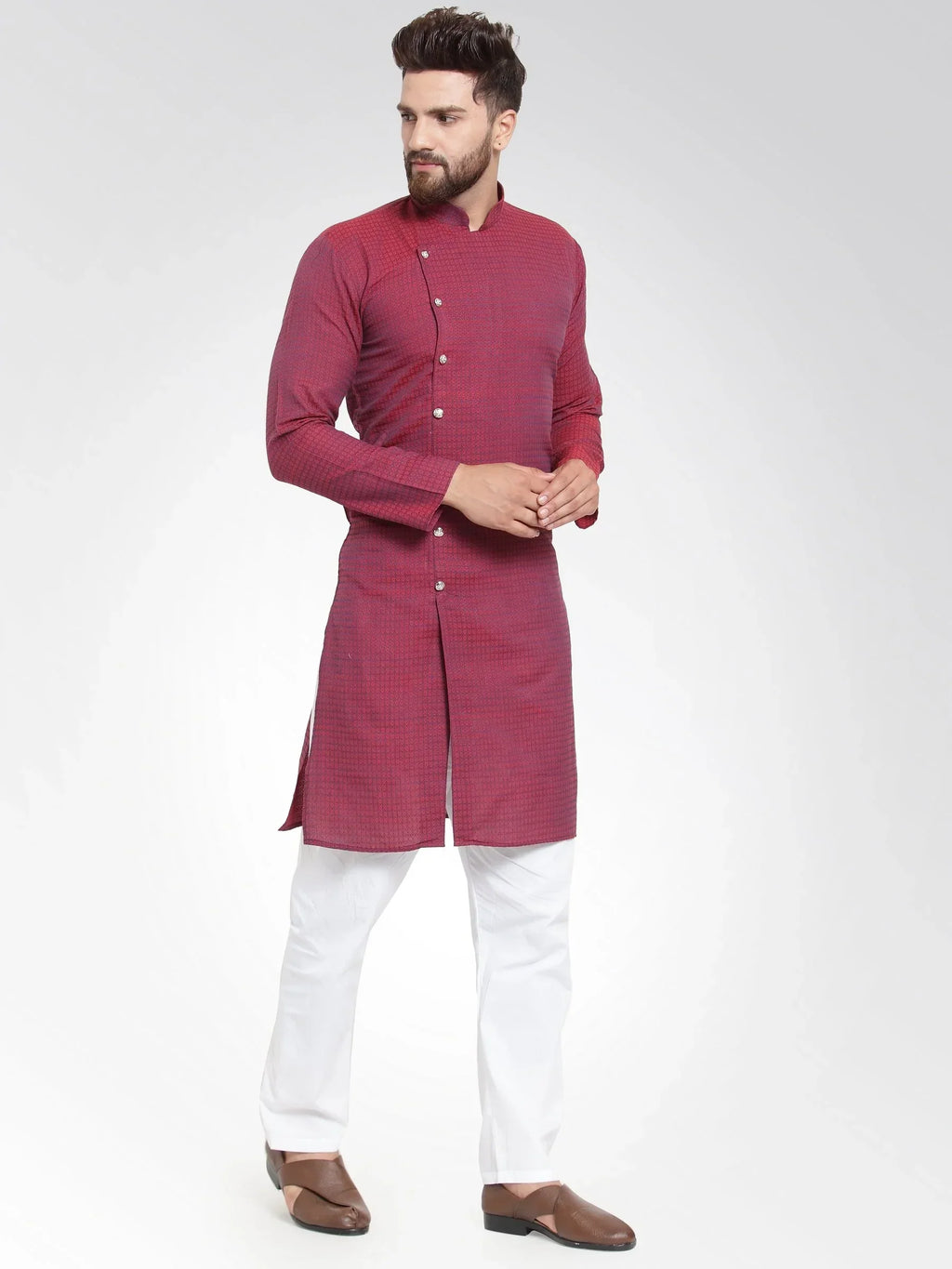 Jompers Men's Maroon Self Design Kurta with Pajama
