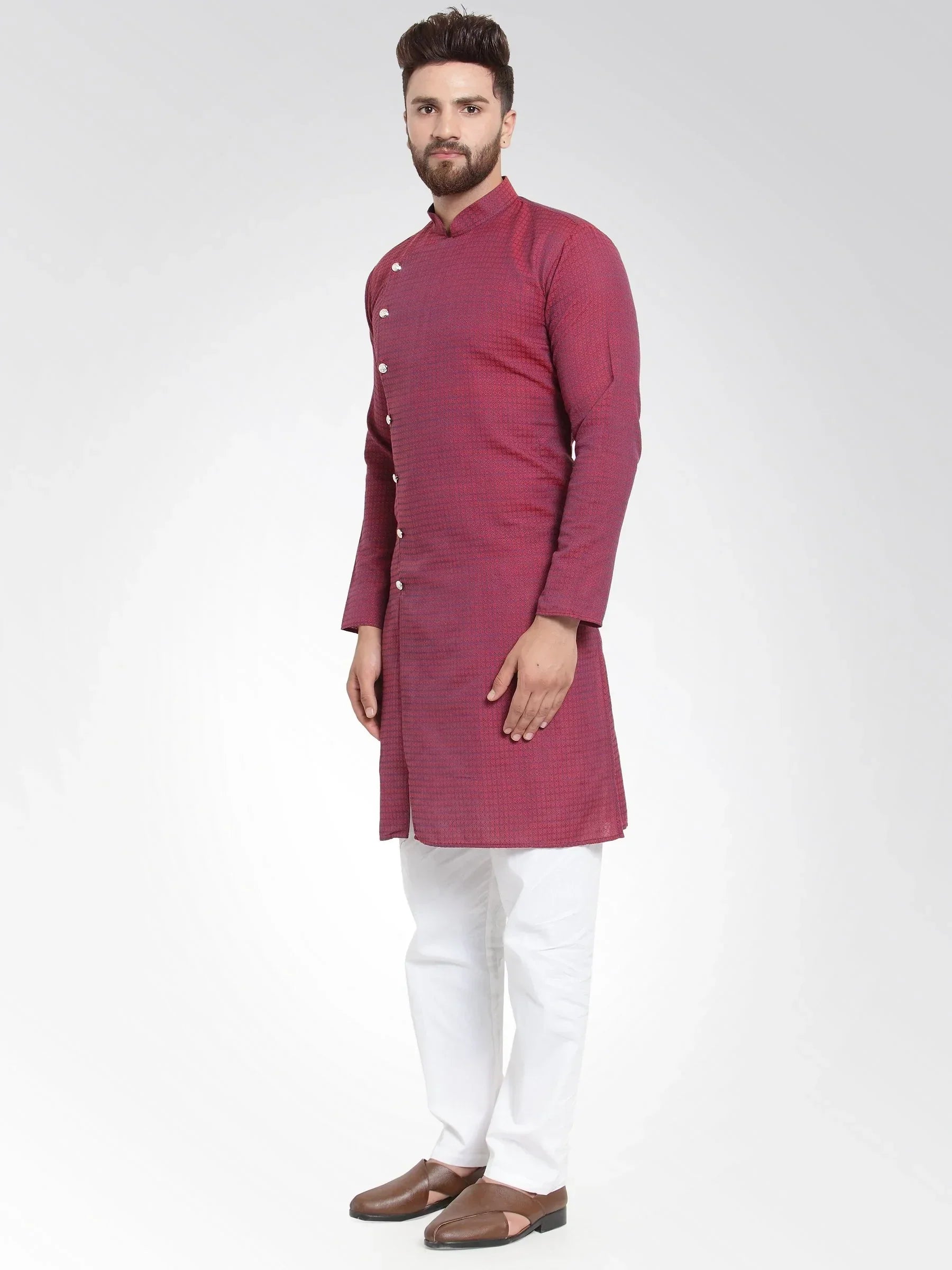 Jompers Men's Maroon Self Design Kurta with Pajama