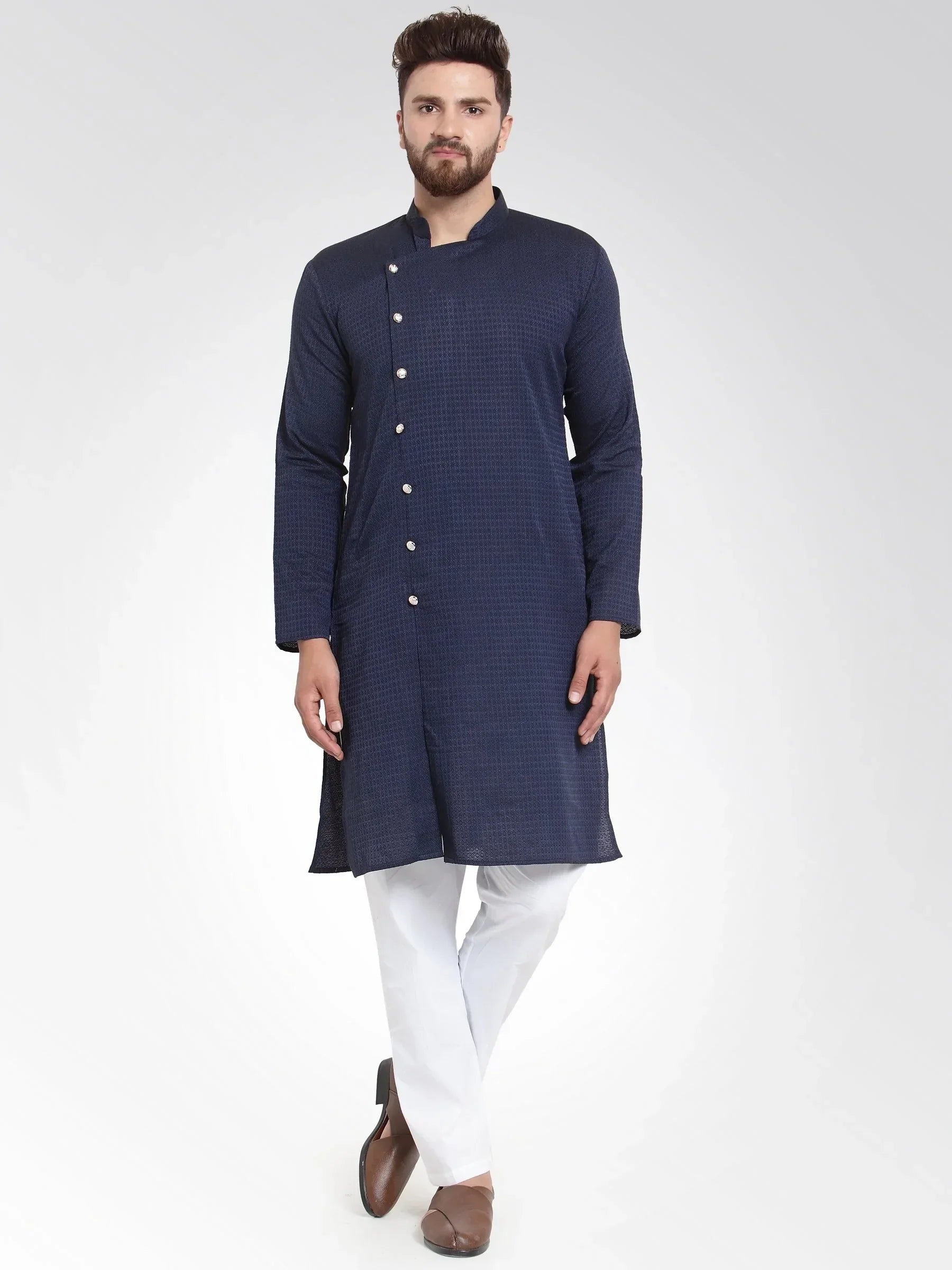 Jompers Men's Navy Self Design Kurta with Pajama