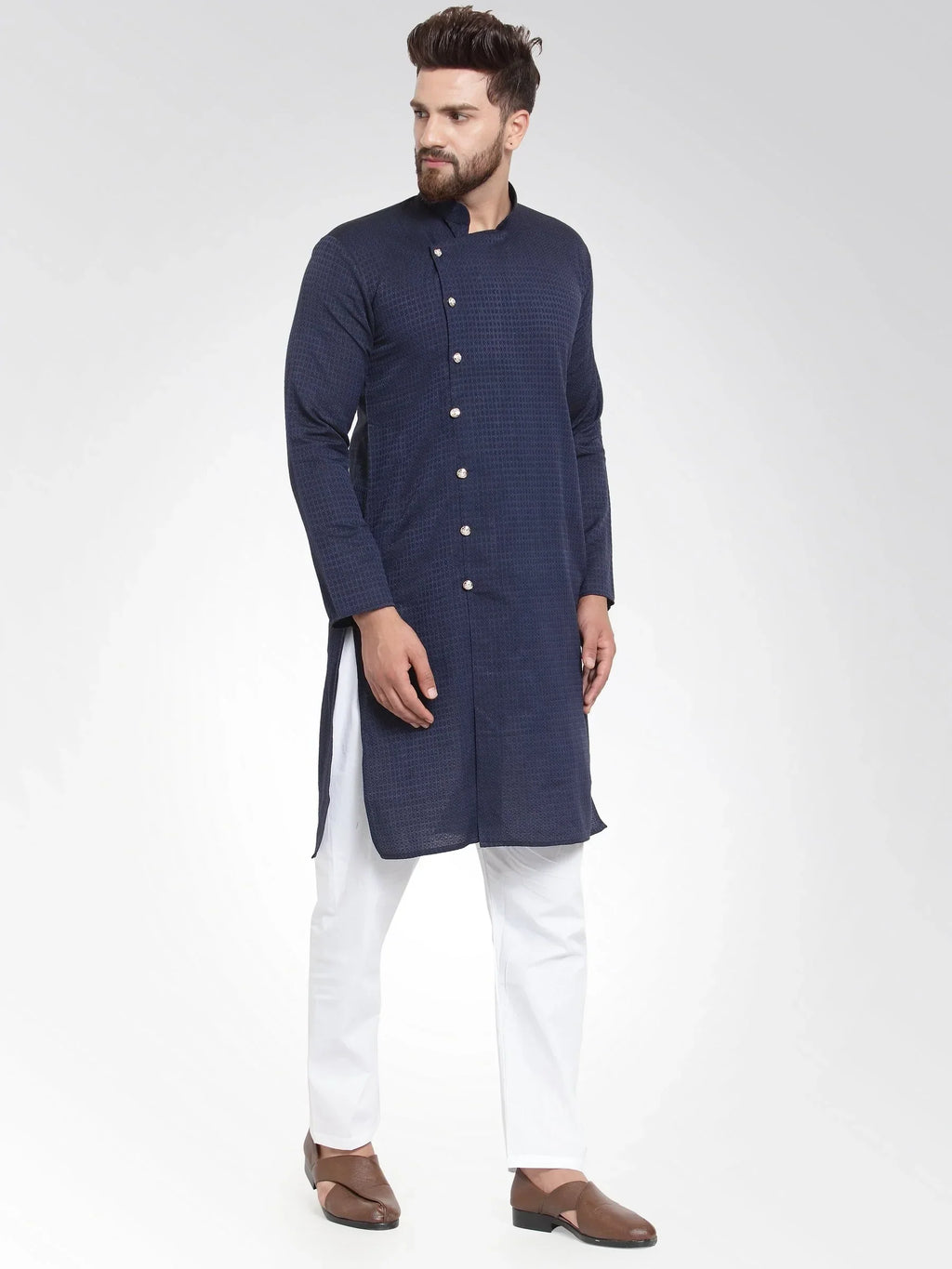Jompers Men's Navy Self Design Kurta with Pajama
