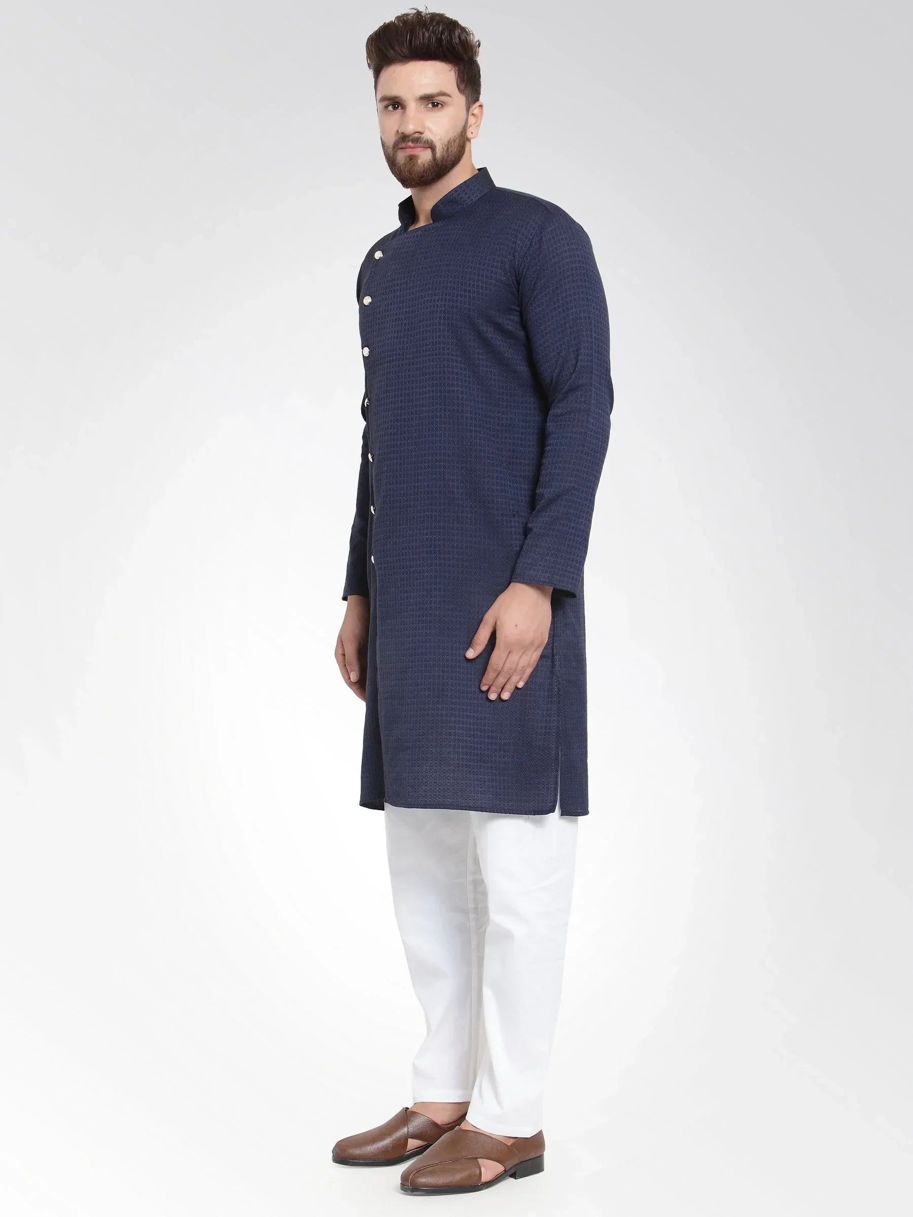 Jompers Men's Navy Self Design Kurta with Pajama
