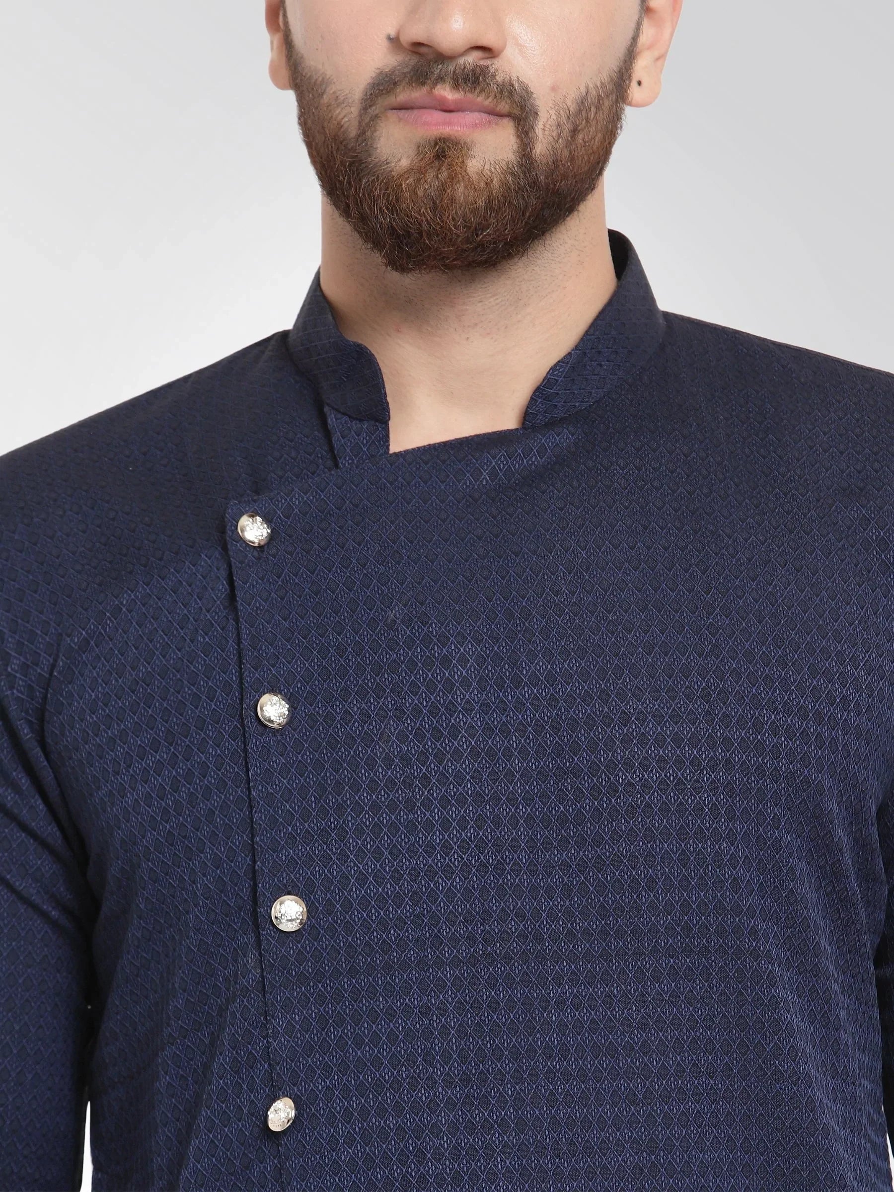 Jompers Men's Navy Self Design Kurta with Pajama