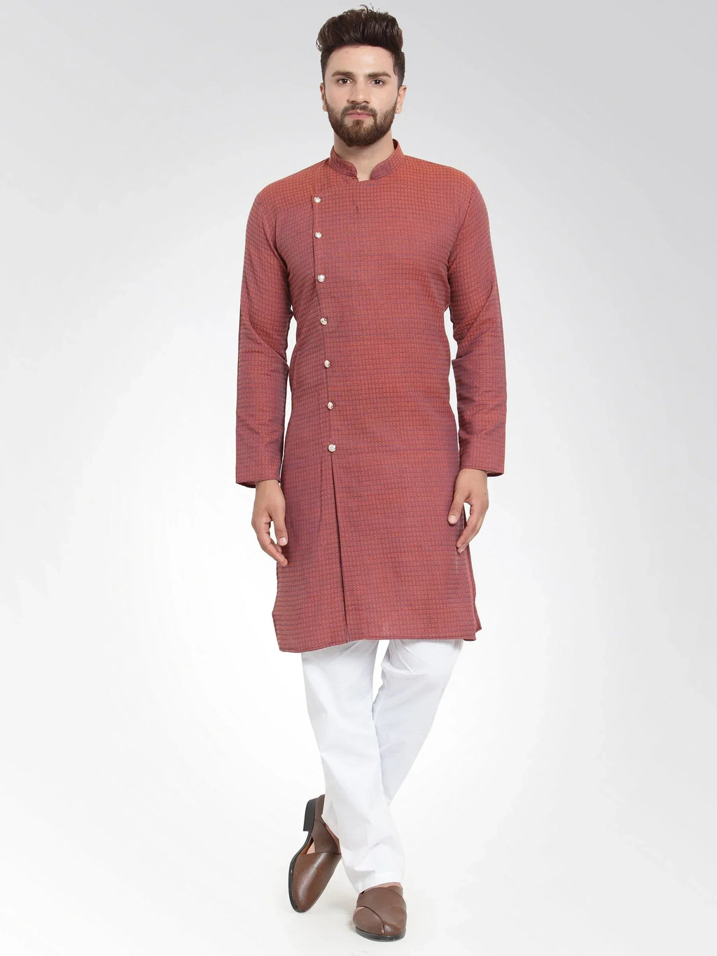 Jompers Men's Red Self Design Kurta with Pajama