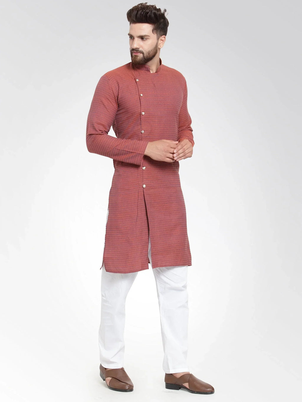 Jompers Men's Red Self Design Kurta with Pajama