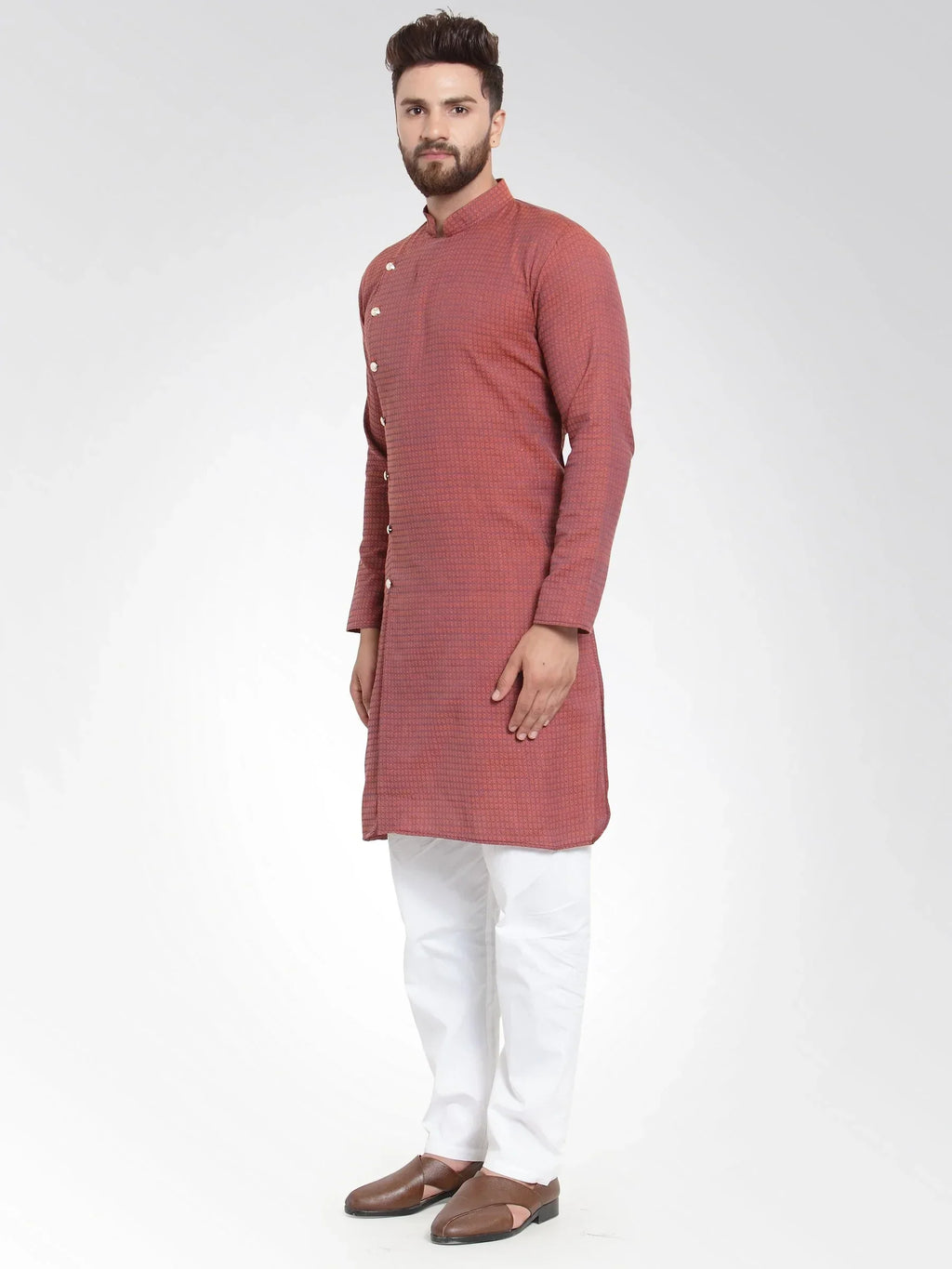 Jompers Men's Red Self Design Kurta with Pajama