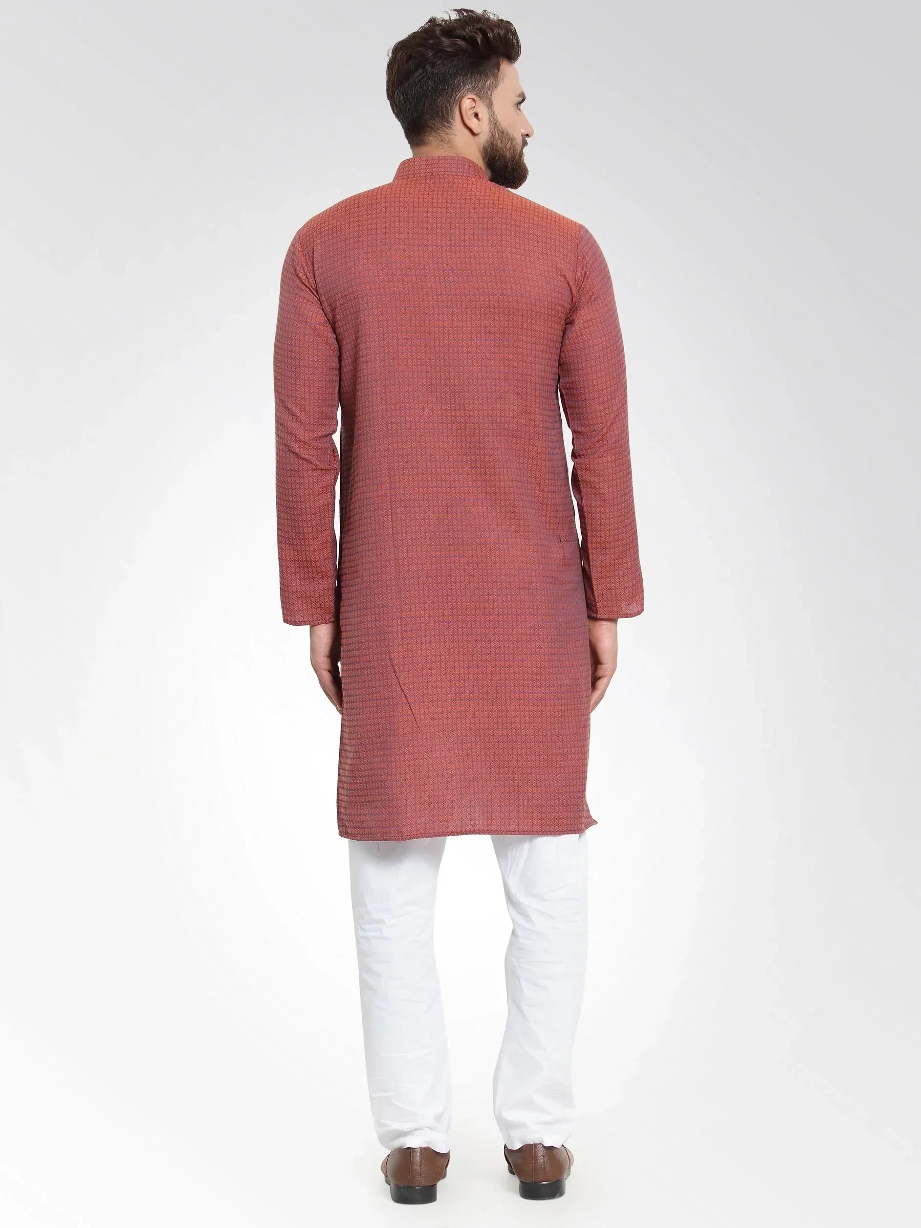 Jompers Men's Red Self Design Kurta with Pajama