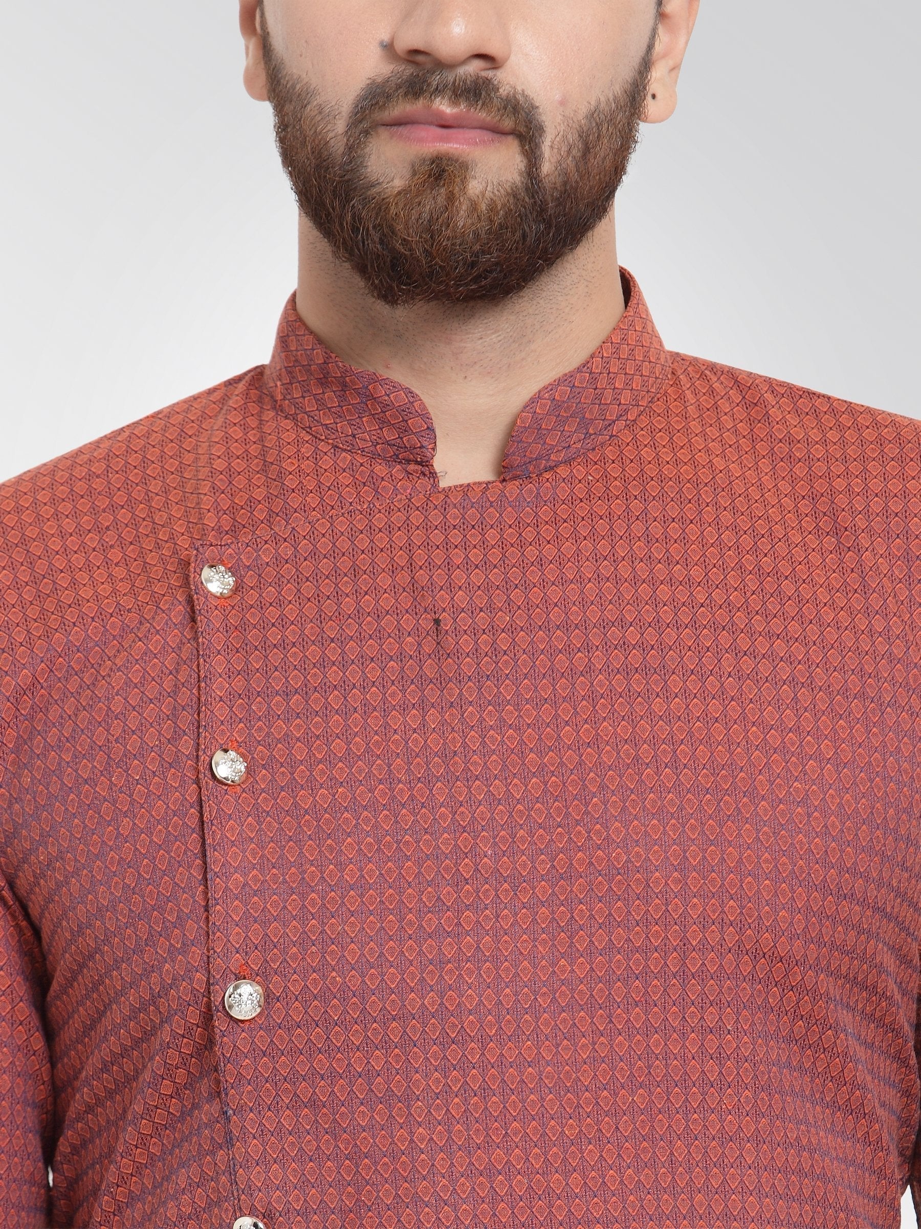 Jompers Men's Red Self Design Kurta with Pajama