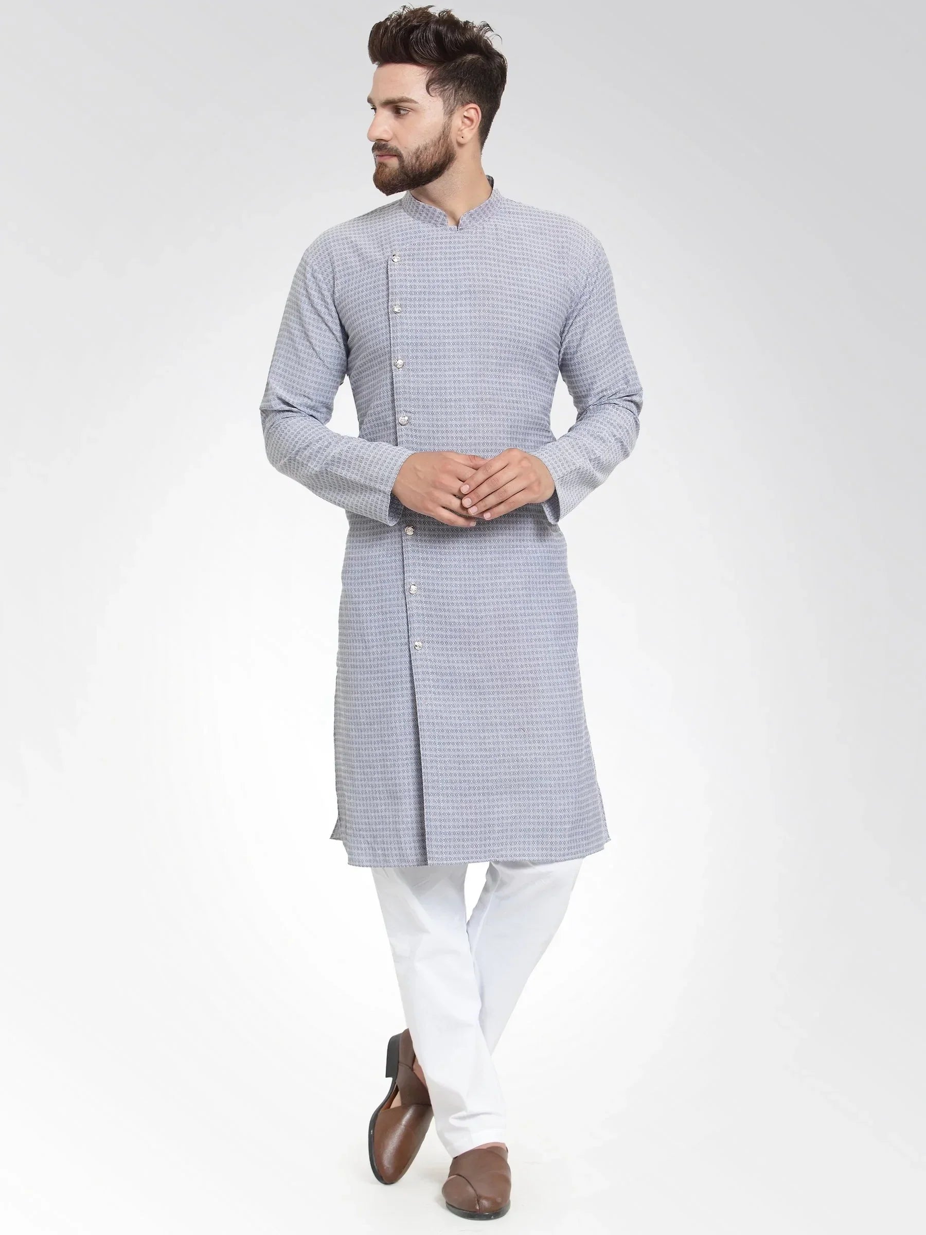 Jompers Men's Steel Blue Self Design Kurta with Pajama