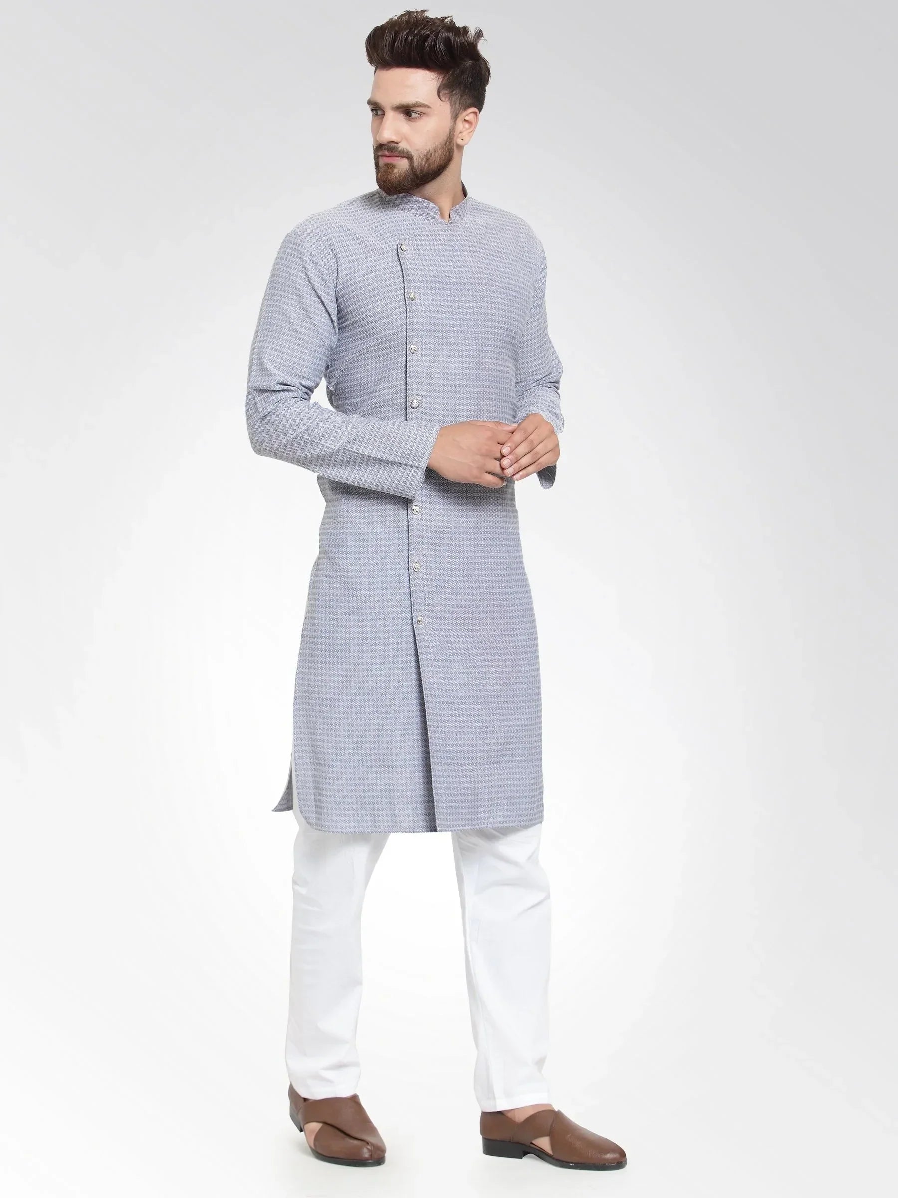 Jompers Men's Steel Blue Self Design Kurta with Pajama