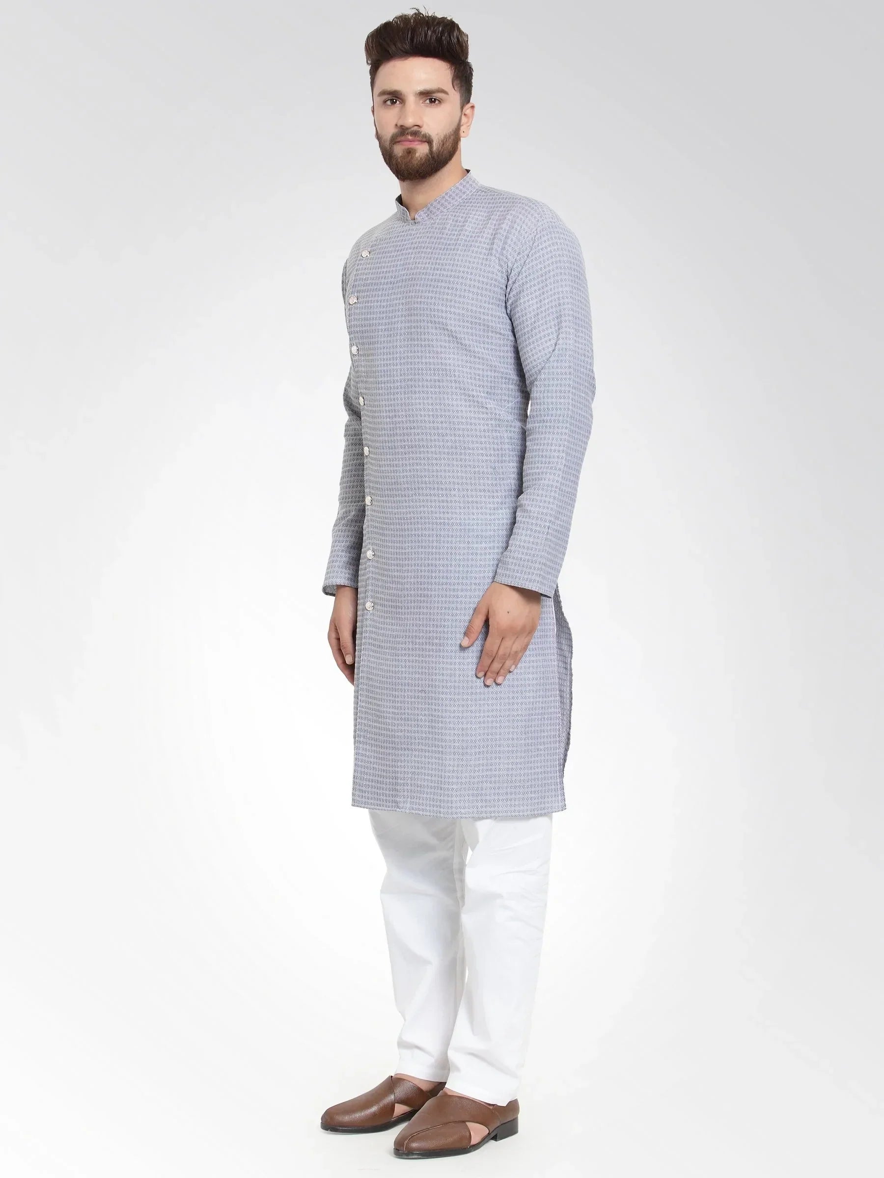 Jompers Men's Steel Blue Self Design Kurta with Pajama