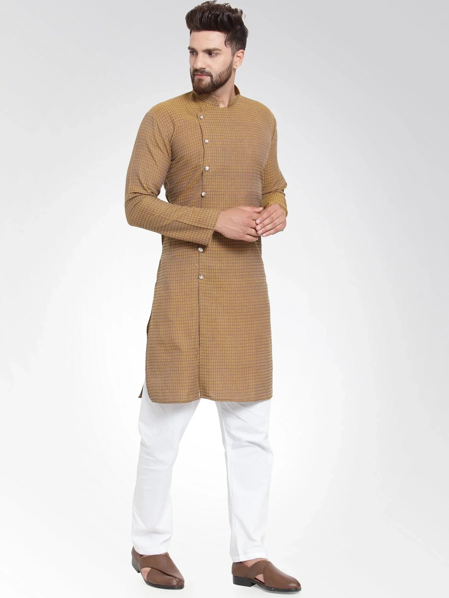 Jompers Men's Yellow Self Design Kurta with Pajama