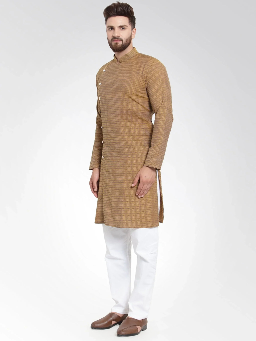 Jompers Men's Yellow Self Design Kurta with Pajama