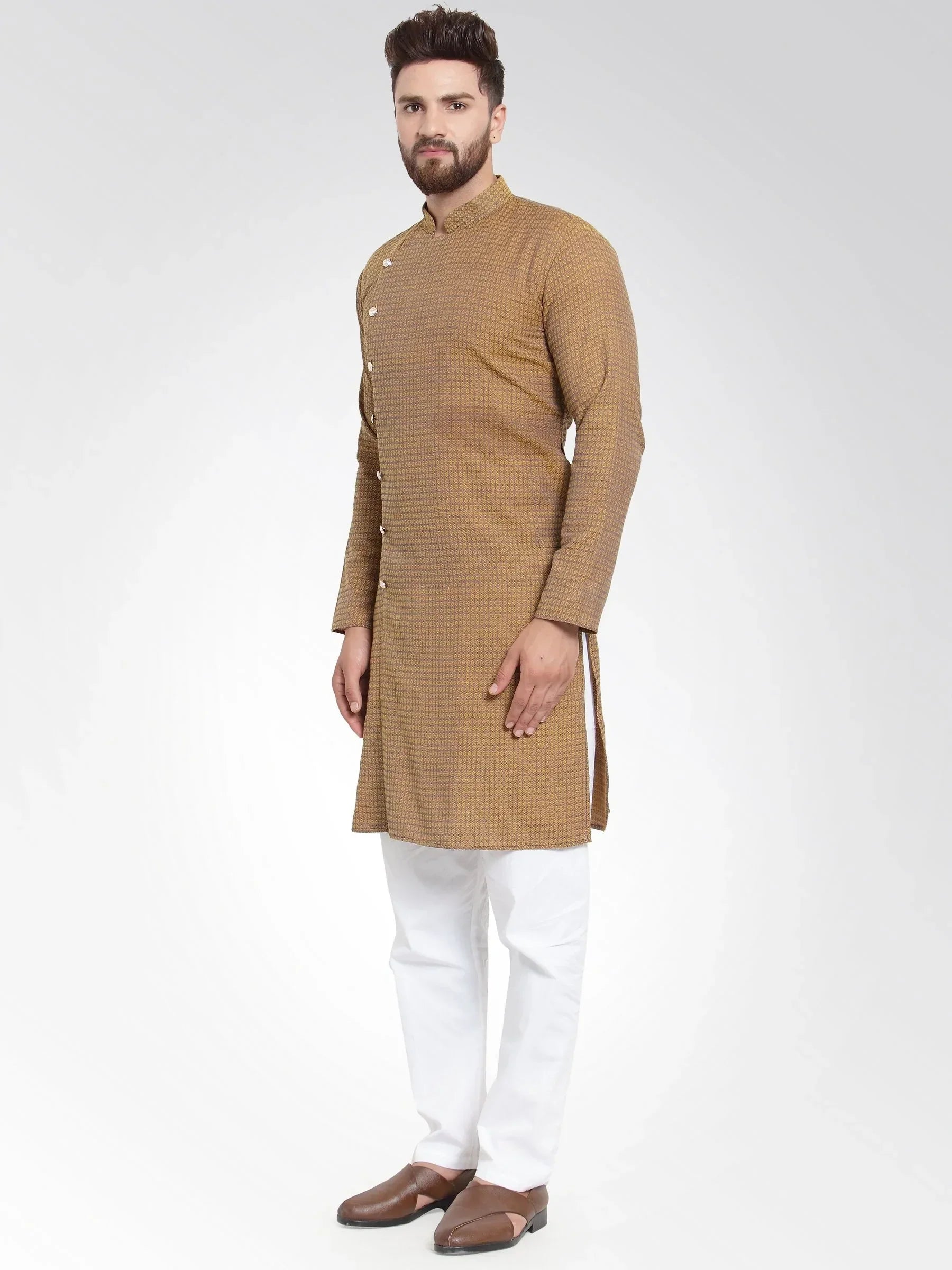 Jompers Men's Yellow Self Design Kurta with Pajama
