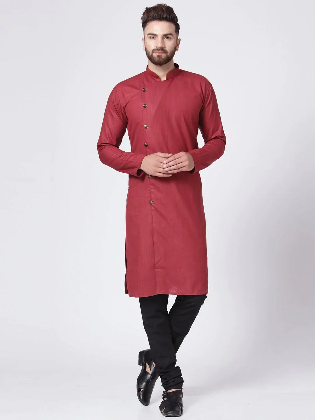 Jompers Men's Maroon Solid Kurta with Churidar