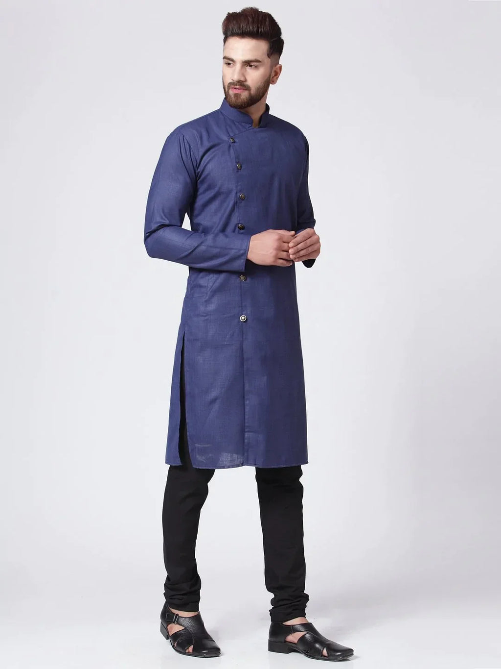 Jompers Men's Navy-Blue Solid Kurta with Churidar