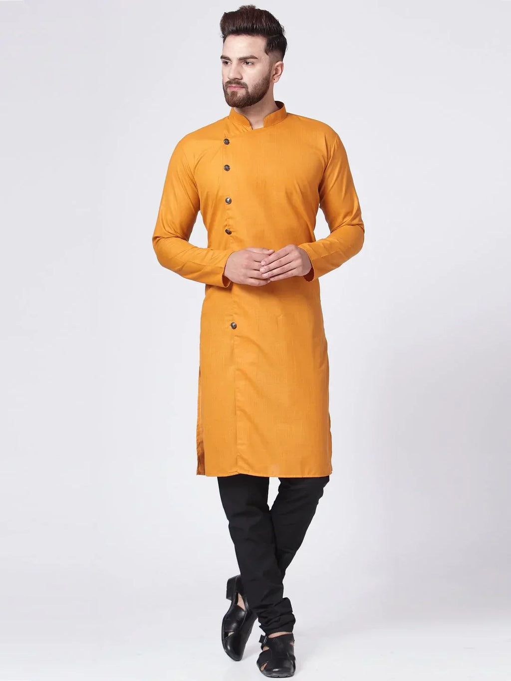 Jompers Men's Yellow Solid Kurta with Churidar