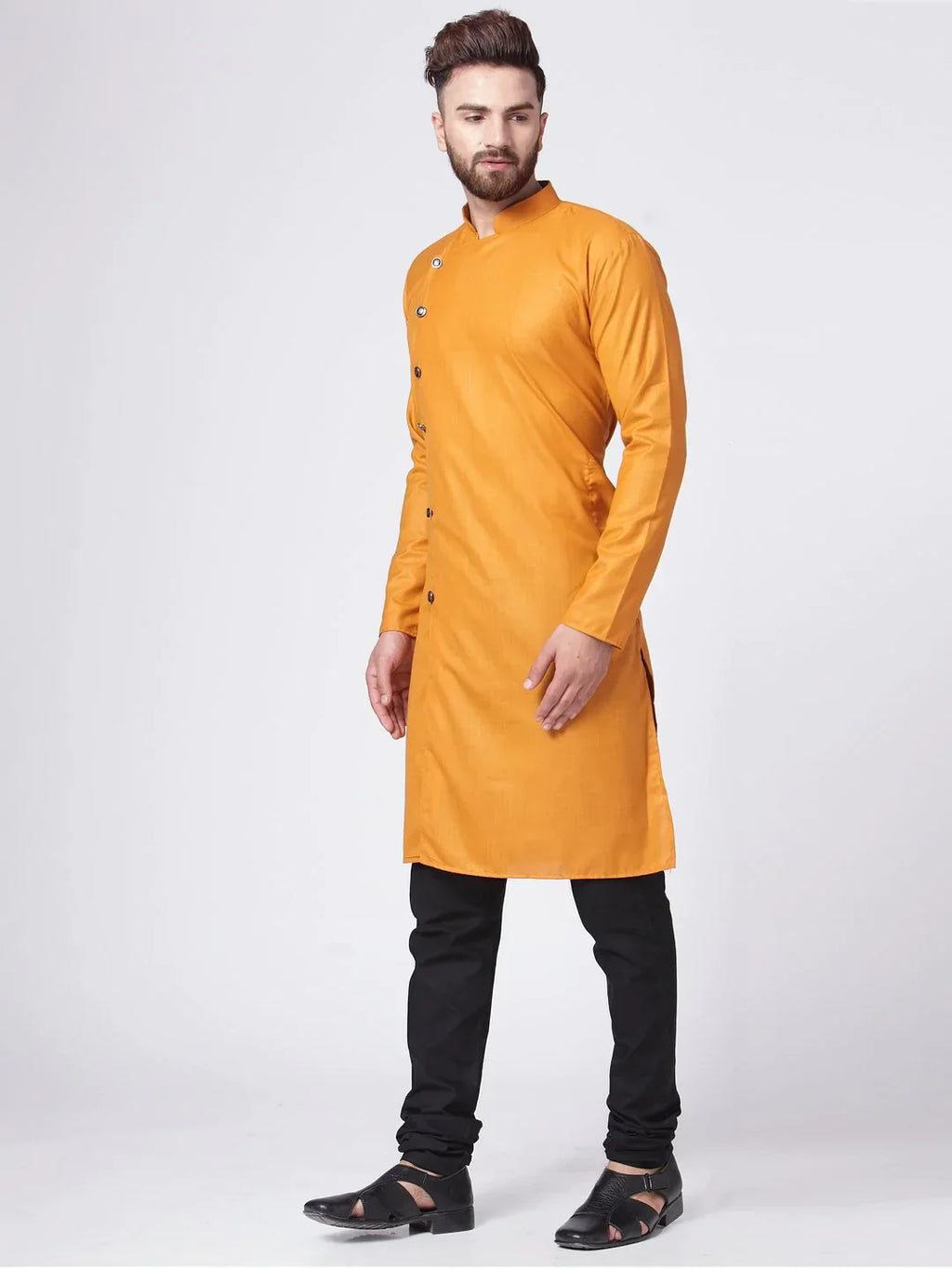 Jompers Men's Yellow Solid Kurta with Churidar