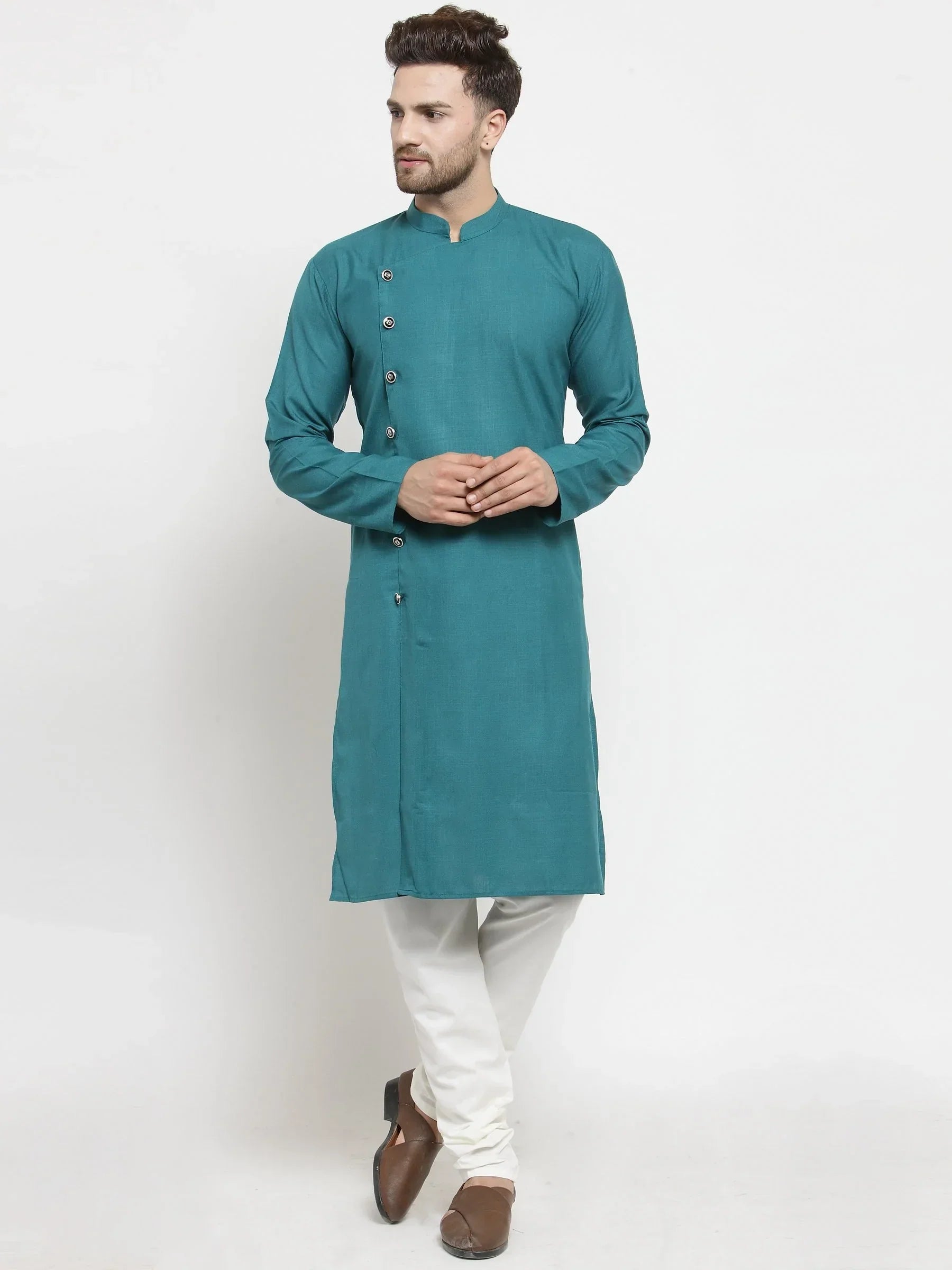 Jompers Men's Green Solid Kurta with Churidar