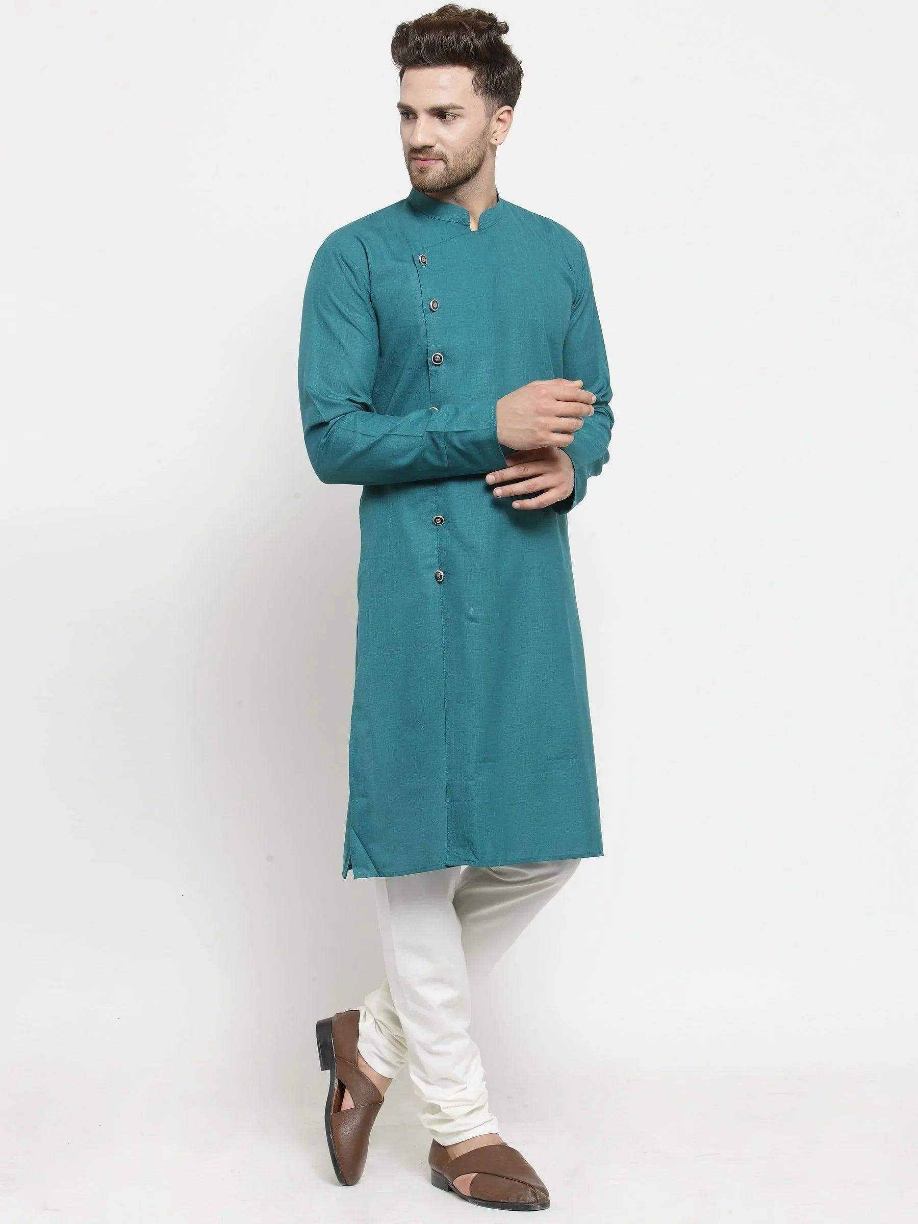 Jompers Men's Green Solid Kurta with Churidar