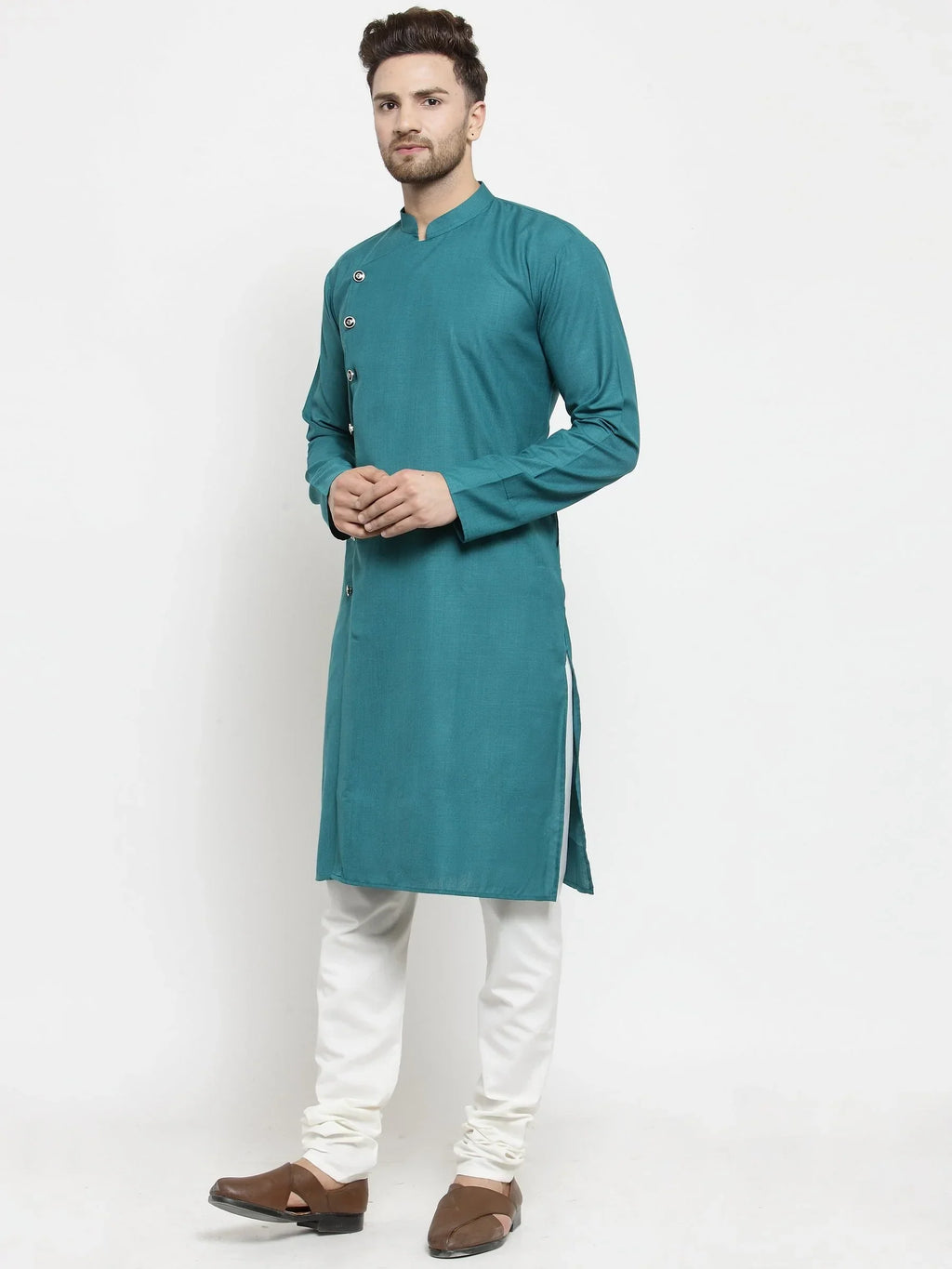 Jompers Men's Green Solid Kurta with Churidar