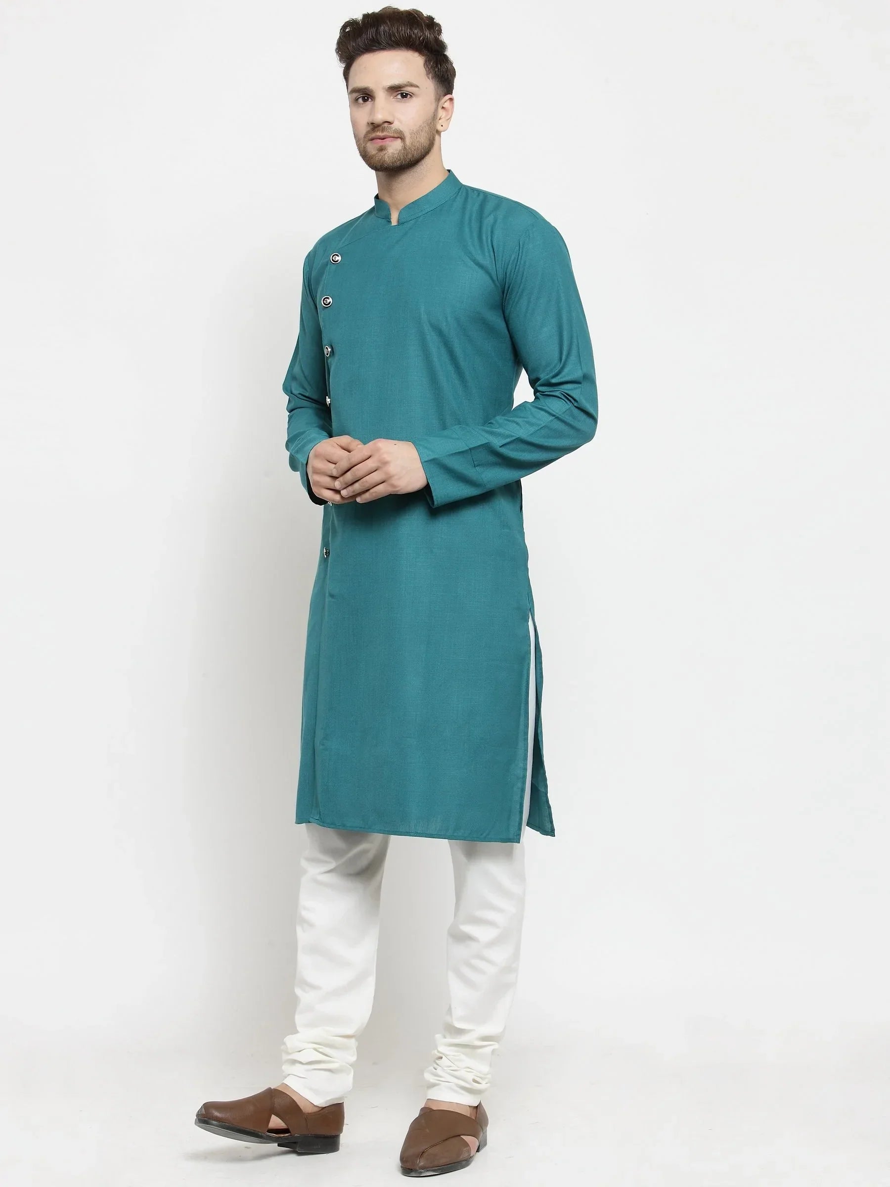 Jompers Men's Green Solid Kurta with Churidar