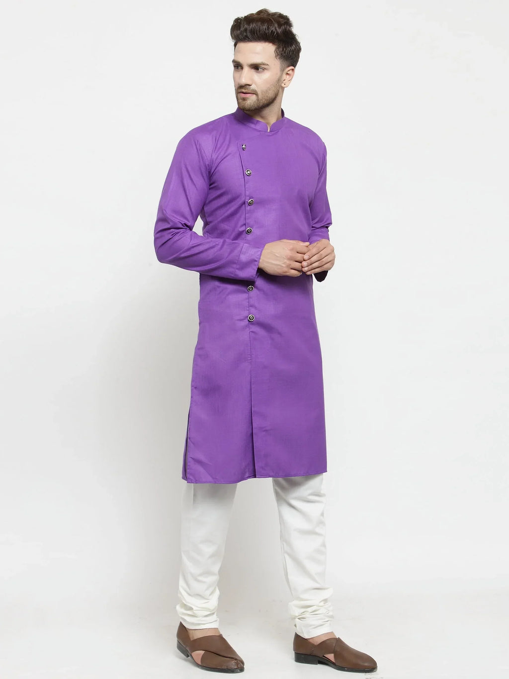 Jompers Men's Purple Solid Kurta with Churidar
