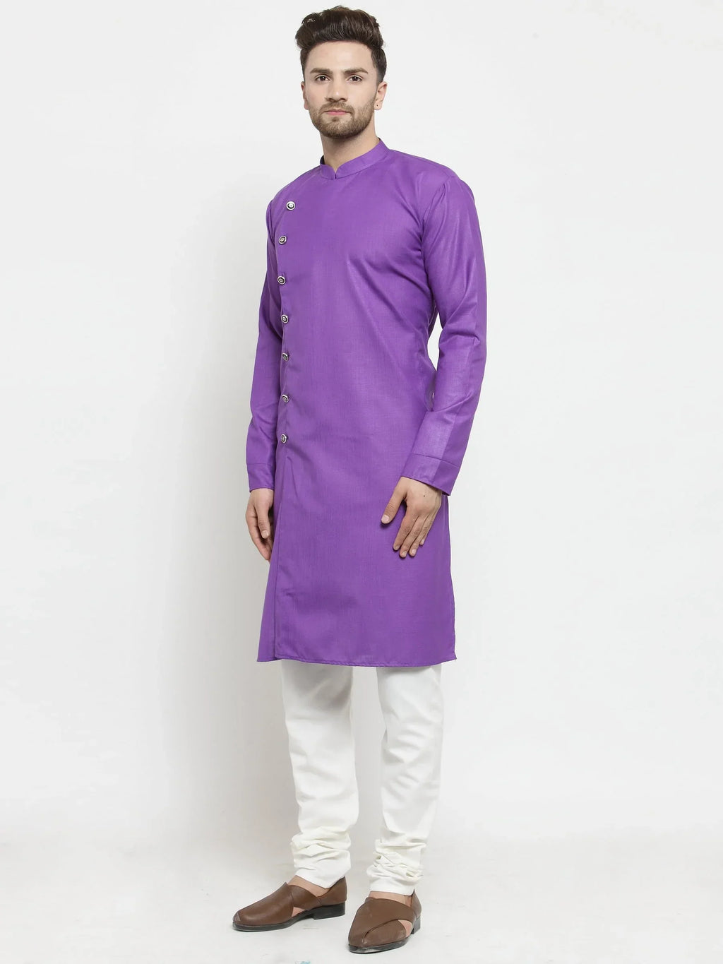Jompers Men's Purple Solid Kurta with Churidar