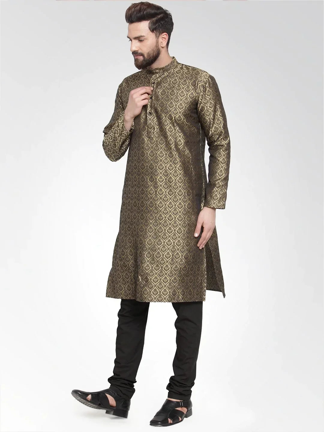 Jompers Men's Gold-Colored & Black Self Design Kurta Only