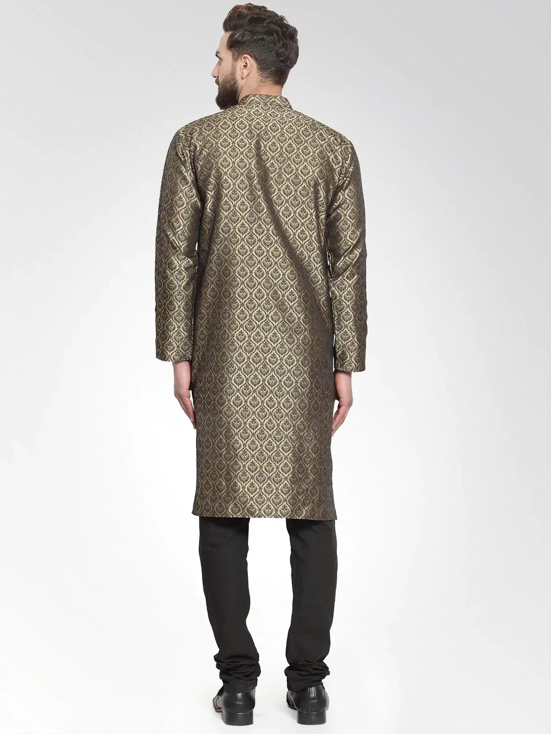 Jompers Men's Gold-Colored & Black Self Design Kurta with Churidar