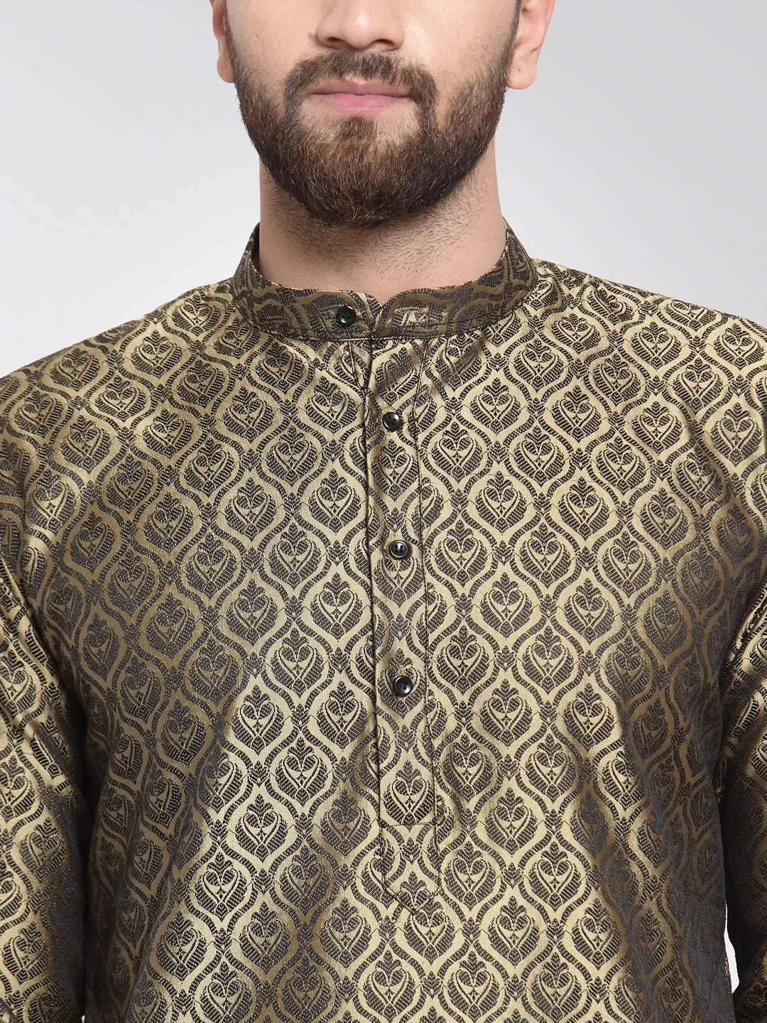 Jompers Men's Gold-Colored & Black Self Design Kurta with Churidar