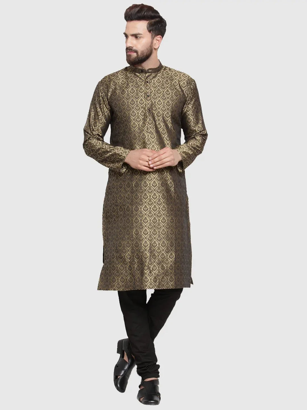 Jompers Men's Gold-Colored & Black Self Design Kurta Only