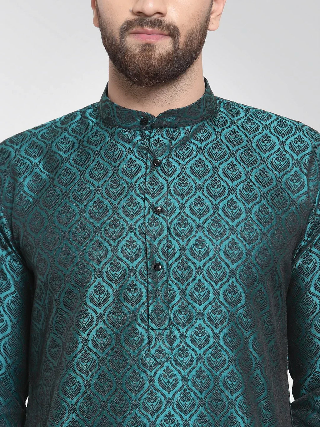 Jompers Men's Green-Colored & Black Self Design Kurta with Churidar