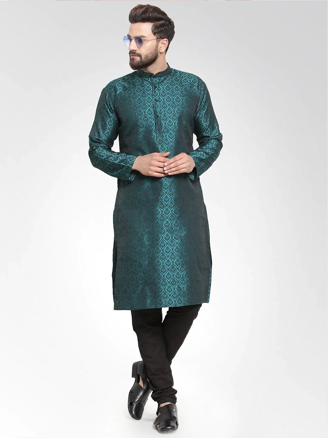 Jompers Men's Green-Colored & Black Self Design Kurta with Churidar