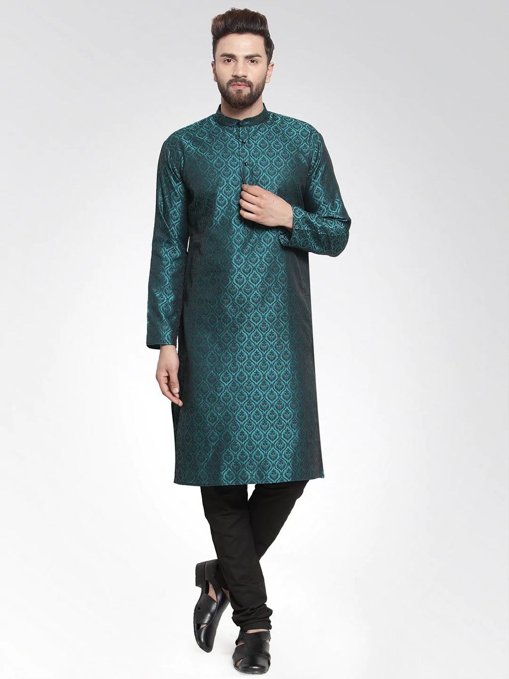 Jompers Men's Green-Colored & Black Self Design Kurta with Churidar