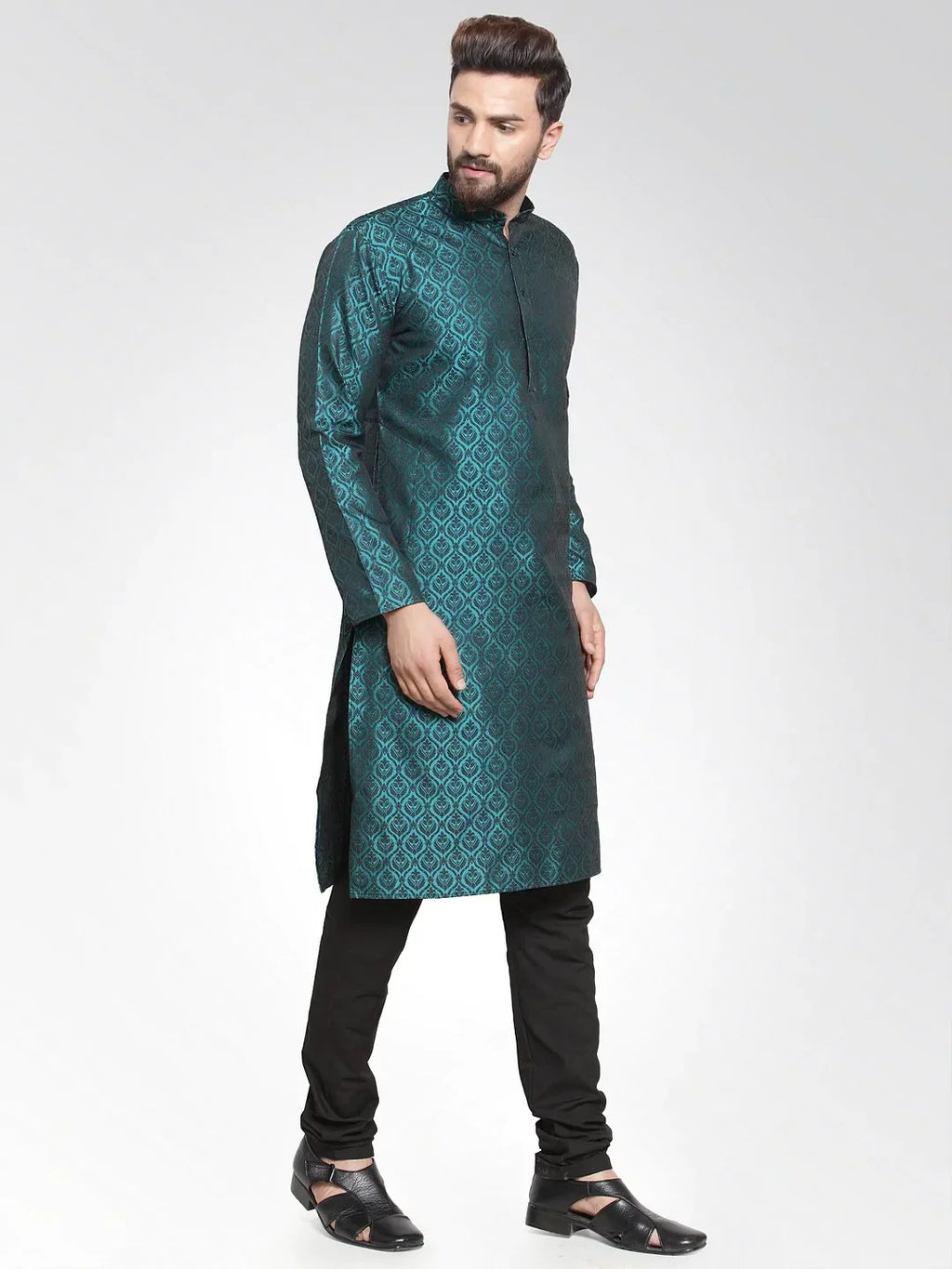 Jompers Men's Green-Colored & Black Self Design Kurta Only