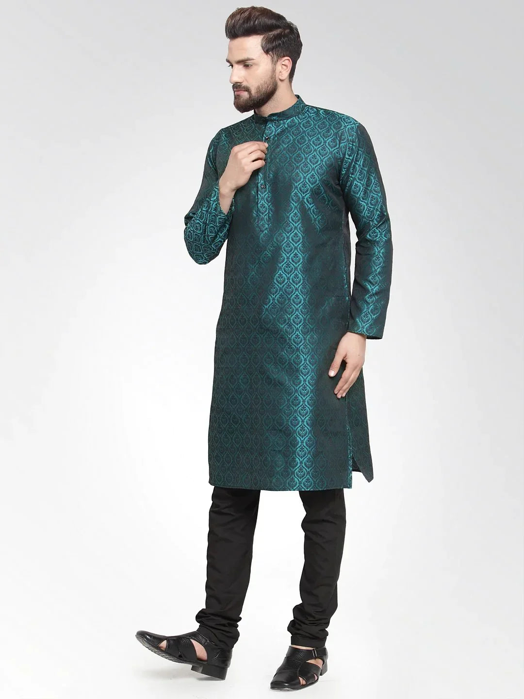 Jompers Men's Green-Colored & Black Self Design Kurta Only