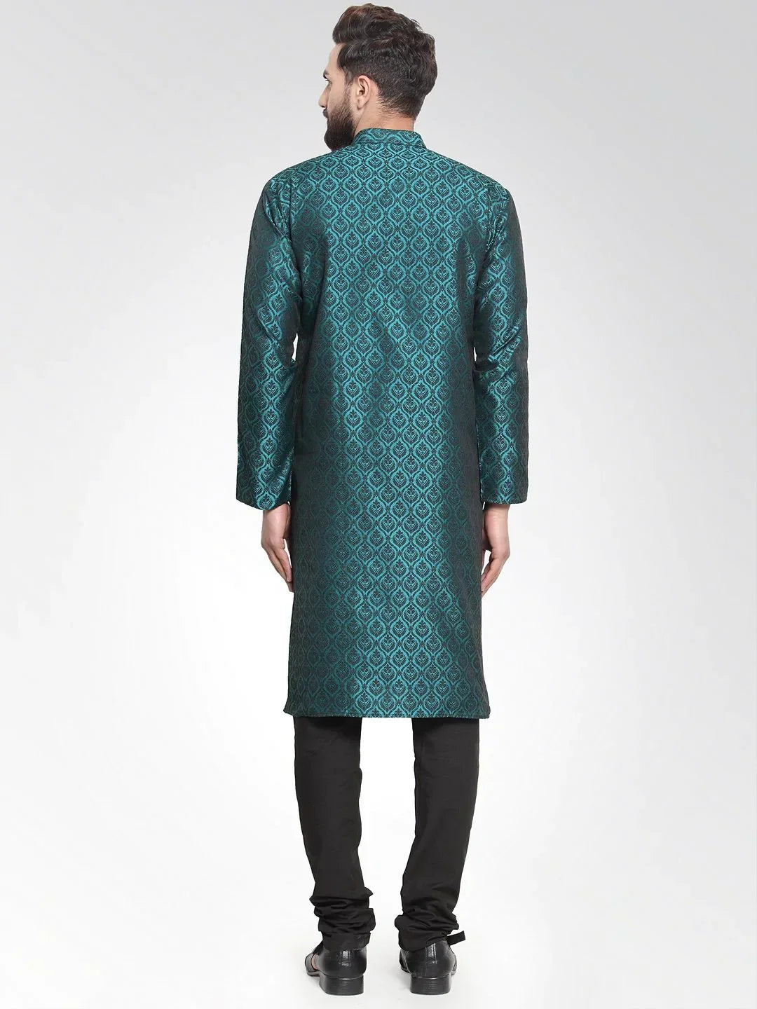 Jompers Men's Green-Colored & Black Self Design Kurta with Churidar