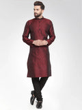 Jompers Men's Maroon-Colored & Black Self Design Kurta with Churidar