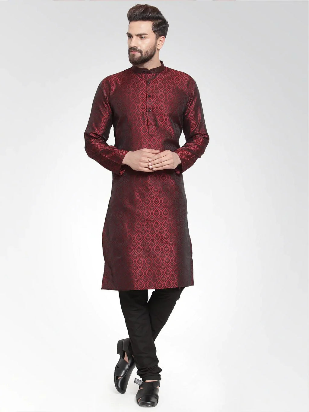 Jompers Men's Maroon-Colored & Black Self Design Kurta Only