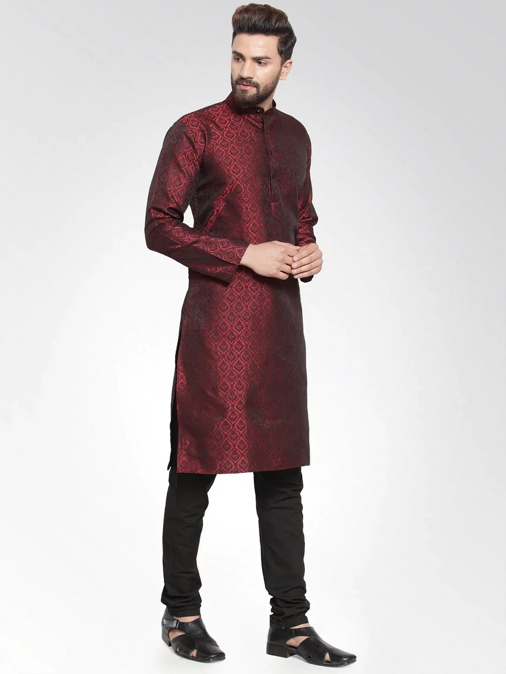 Jompers Men's Maroon-Colored & Black Self Design Kurta with Churidar