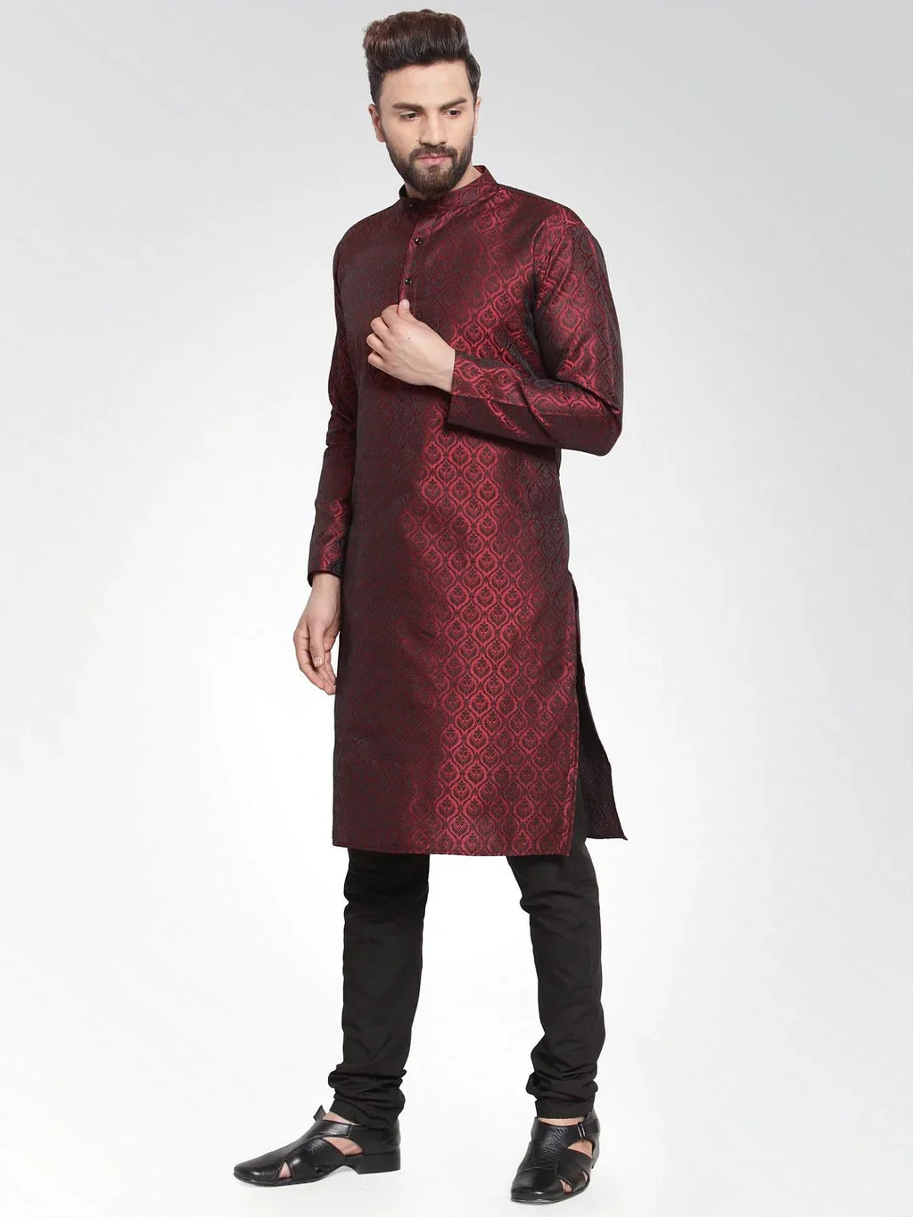 Jompers Men's Maroon-Colored & Black Self Design Kurta Only