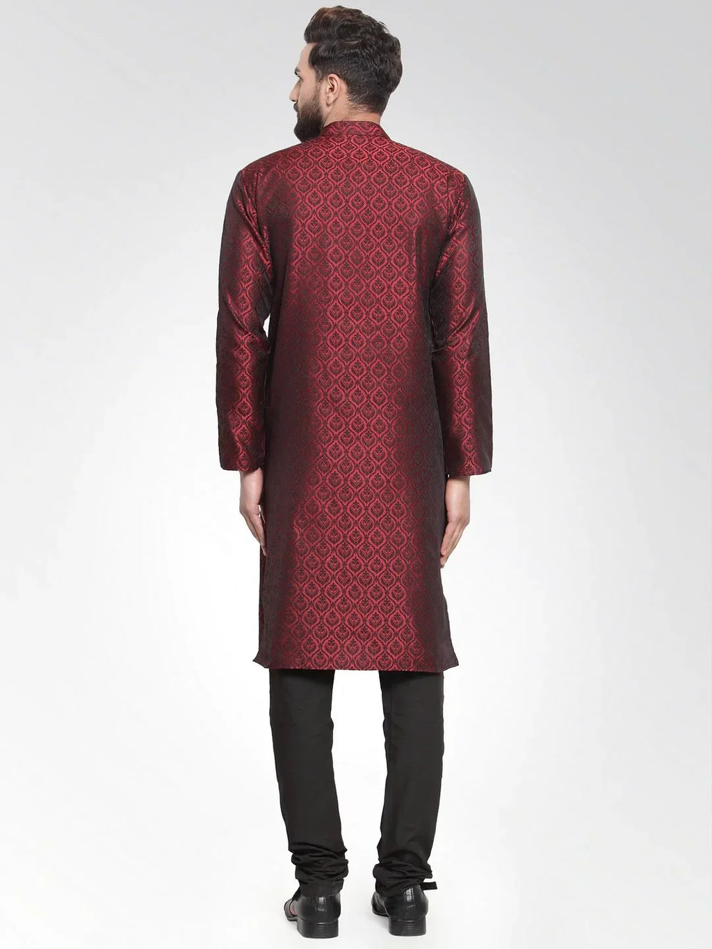 Jompers Men's Maroon-Colored & Black Self Design Kurta Only