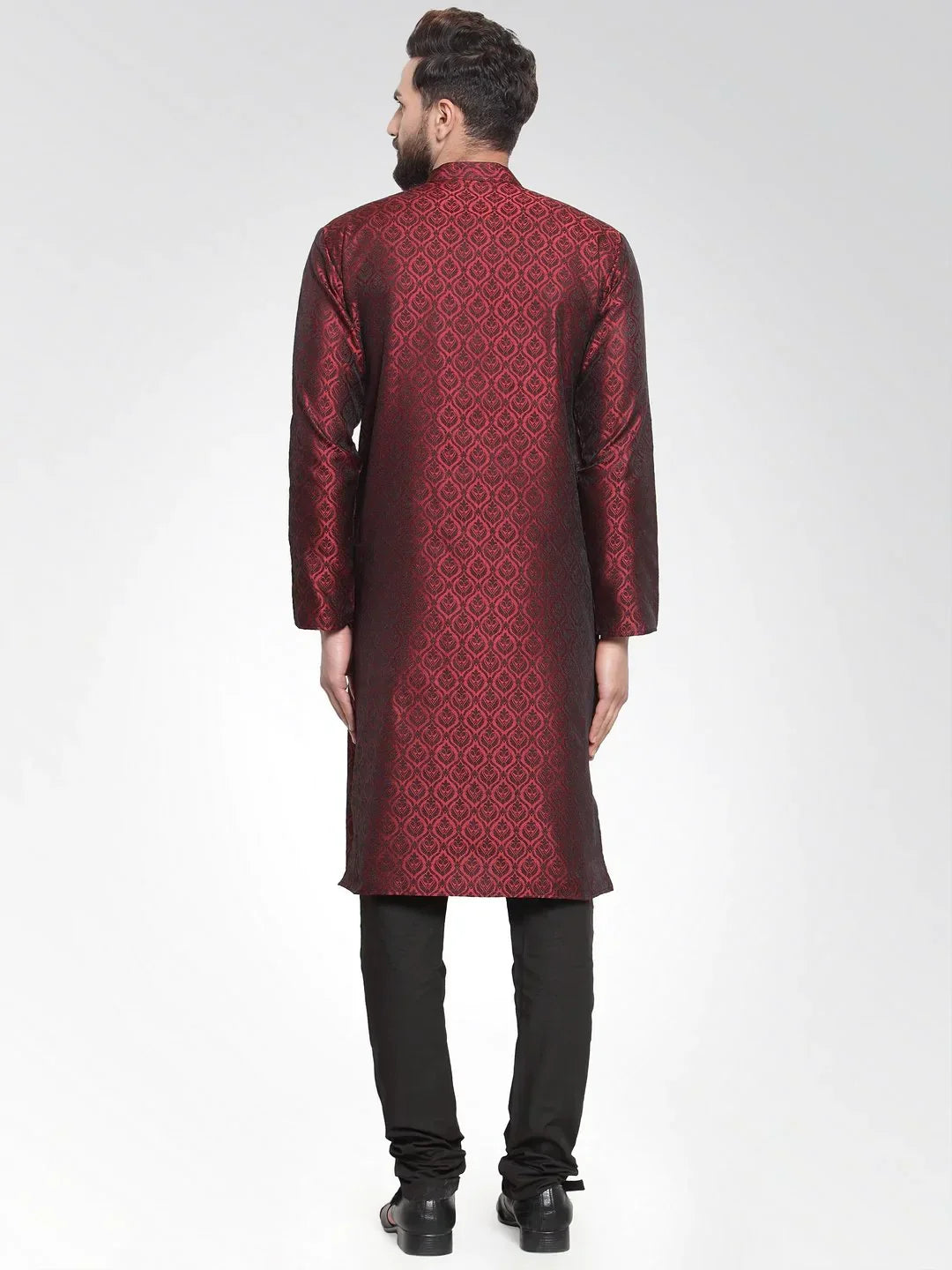 Jompers Men's Maroon-Colored & Black Self Design Kurta Only
