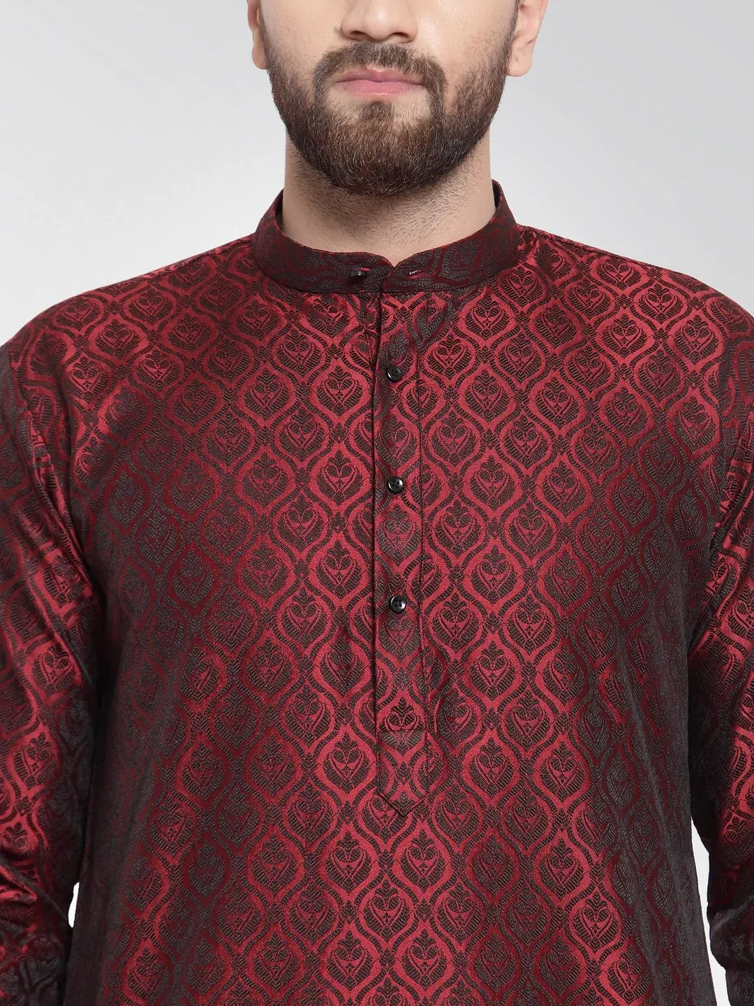 Jompers Men's Maroon-Colored & Black Self Design Kurta with Churidar