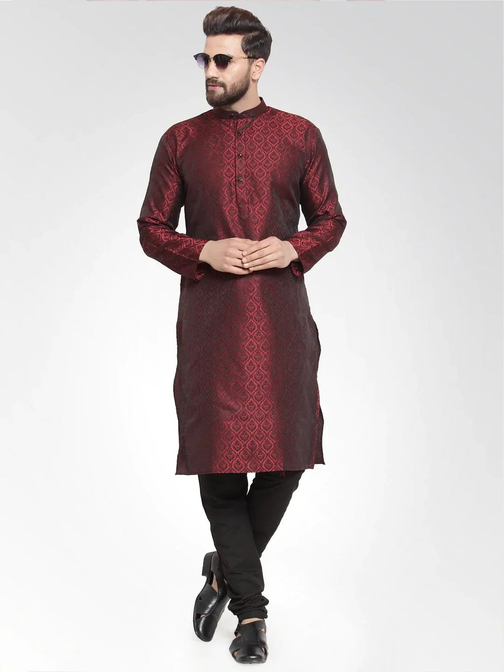 Jompers Men's Maroon-Colored & Black Self Design Kurta with Churidar
